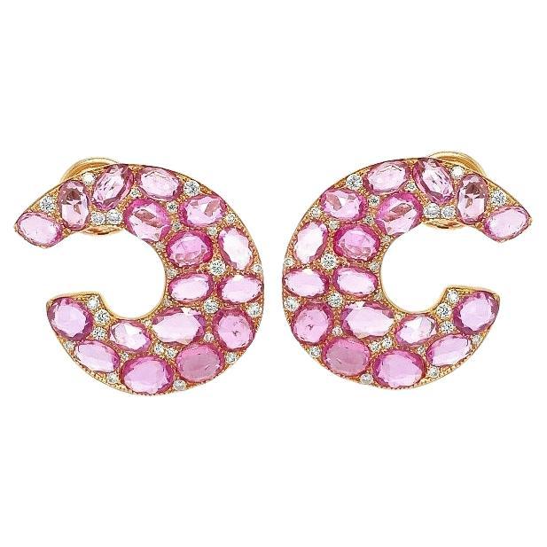 RUCHI Rose Cut Pink Sapphire and Diamond Yellow Gold C-Shape Earrings For Sale