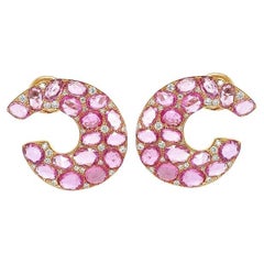 RUCHI Rose Cut Pink Sapphire and Diamond Yellow Gold C-Shape Earrings