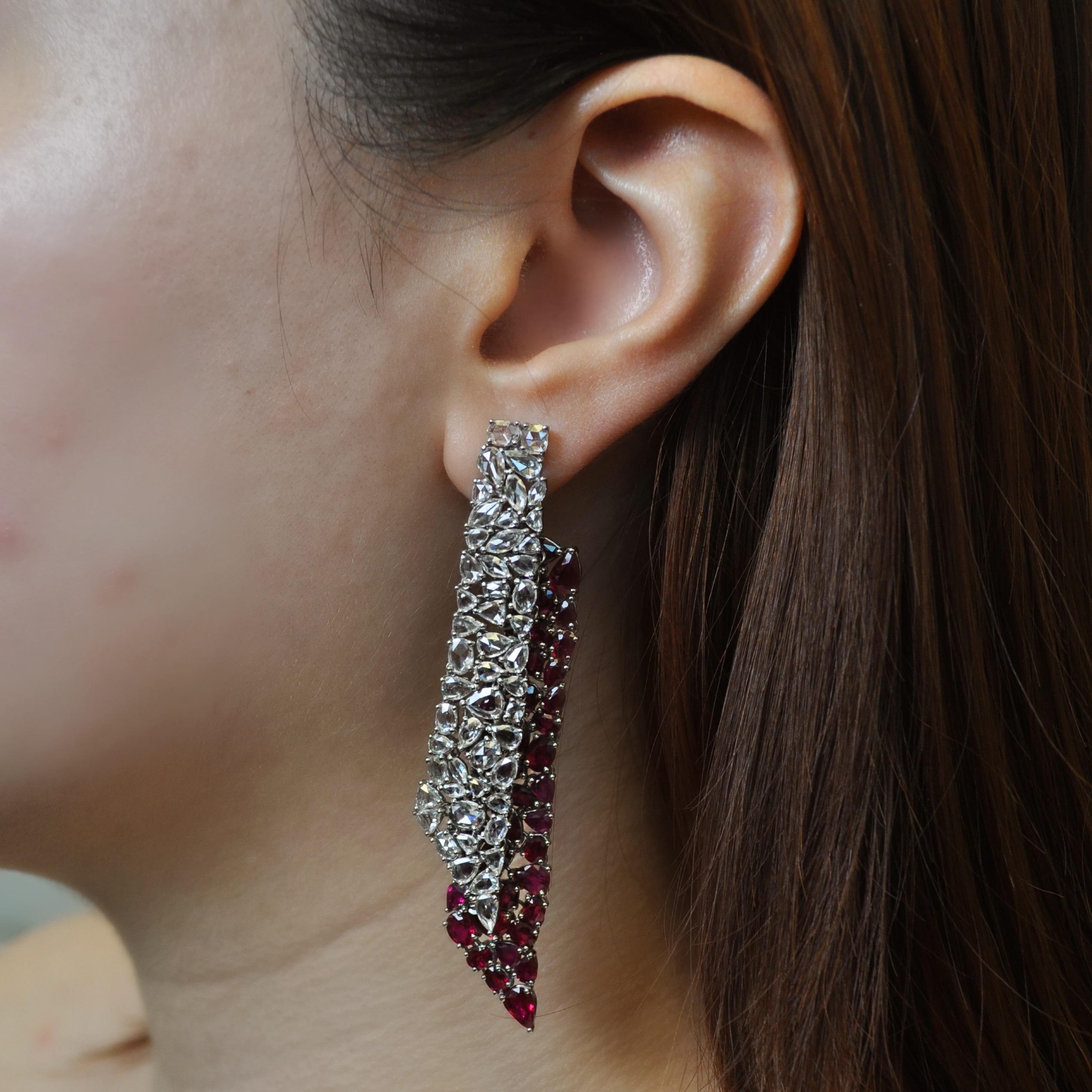 Mixed Cut RUCHI Rose-Cut Ruby and Diamond White Gold Statement Dangle Earrings For Sale