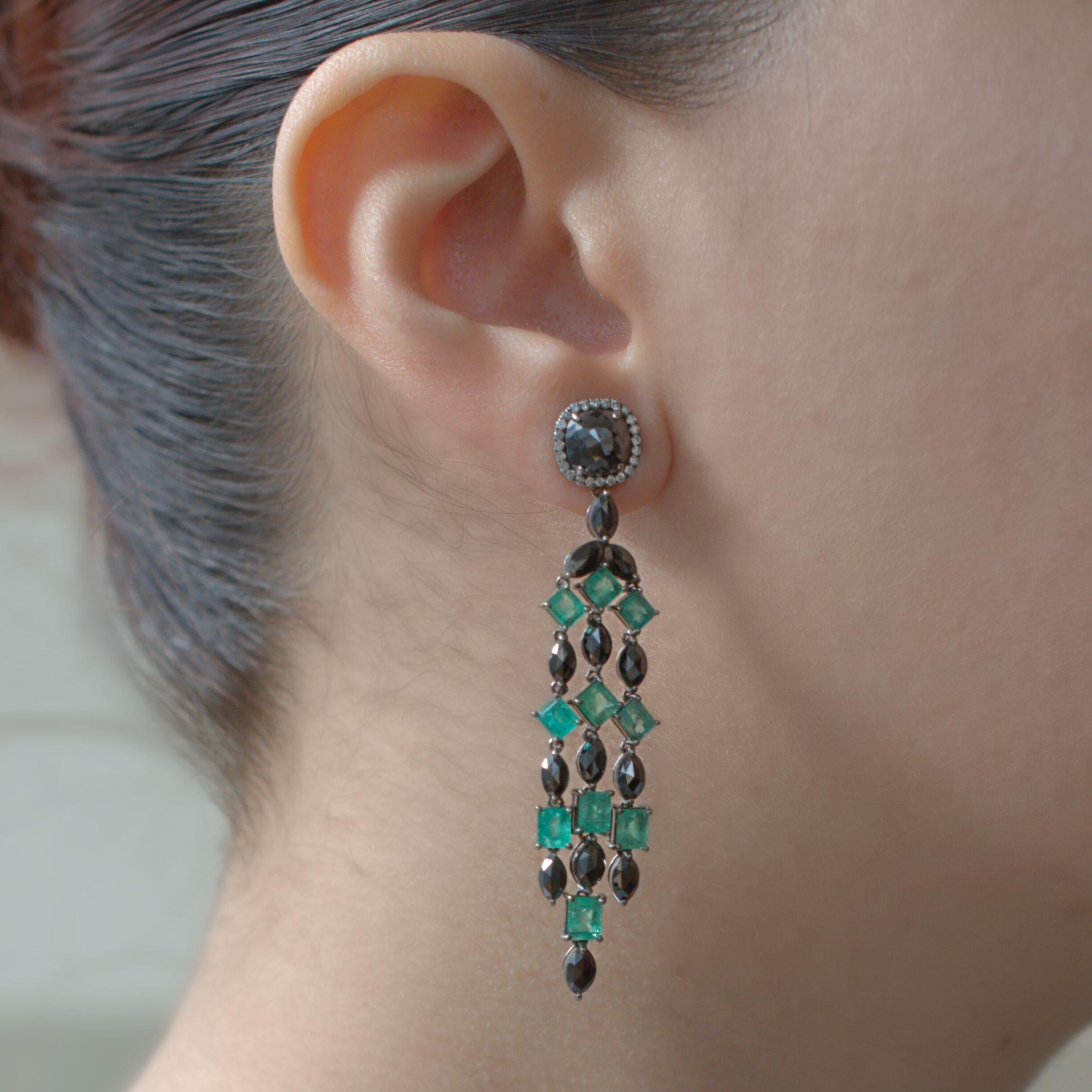 Mixed Cut RUCHI Rosecut Black Diamond & Mixed Shape Emerald Black Rhodium Dangle Earrings For Sale
