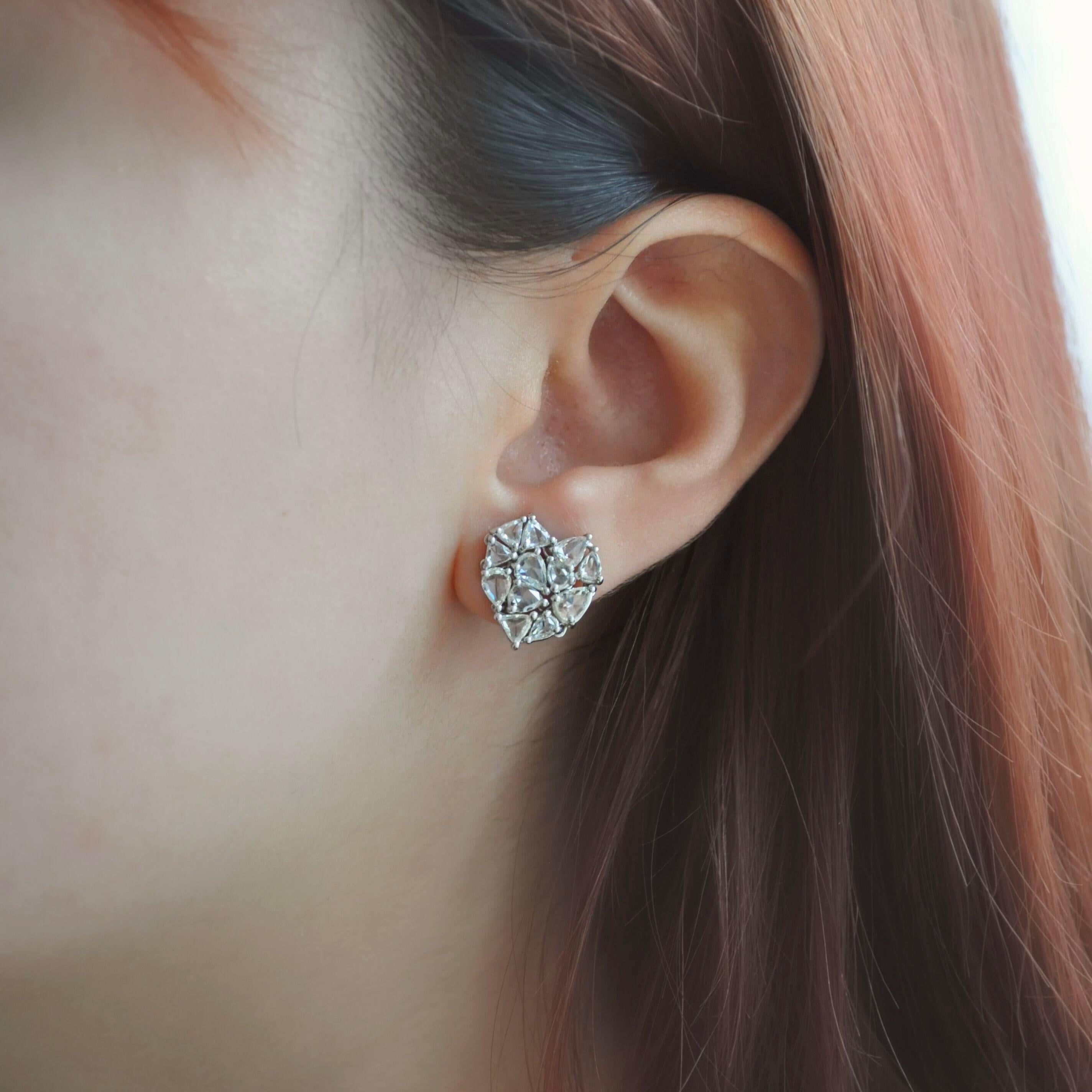 Taille rose RUCHI Boucles d'oreilles en or blanc Rosecut Diamond Heart Shape en vente