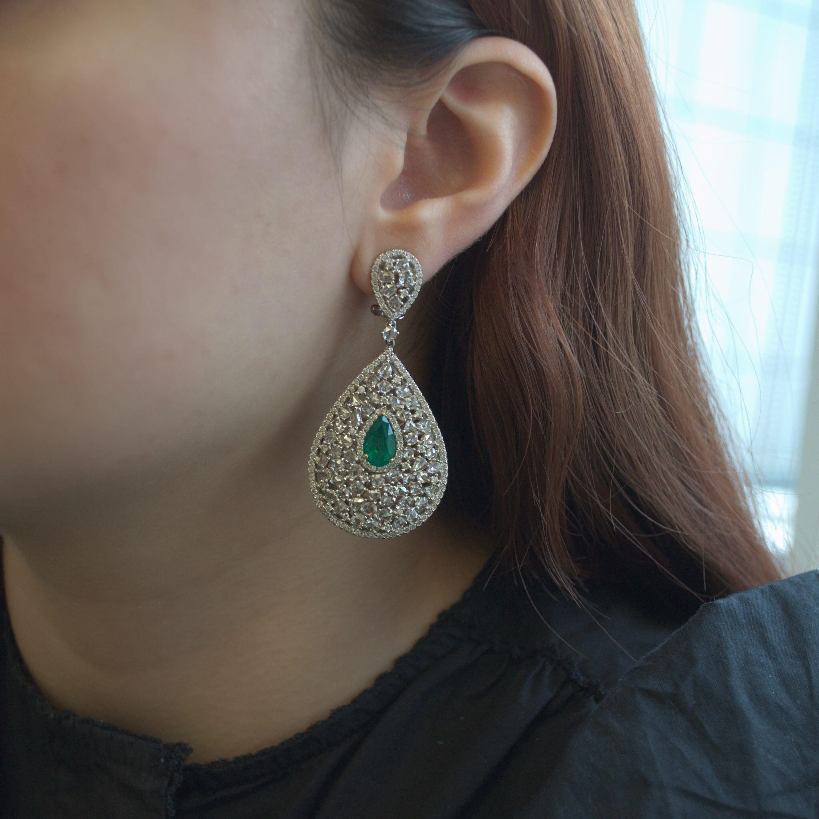 Mixed Cut RUCHI Rosecut Diamond & Pear Shaped Emerald White Gold Statement Earrings For Sale