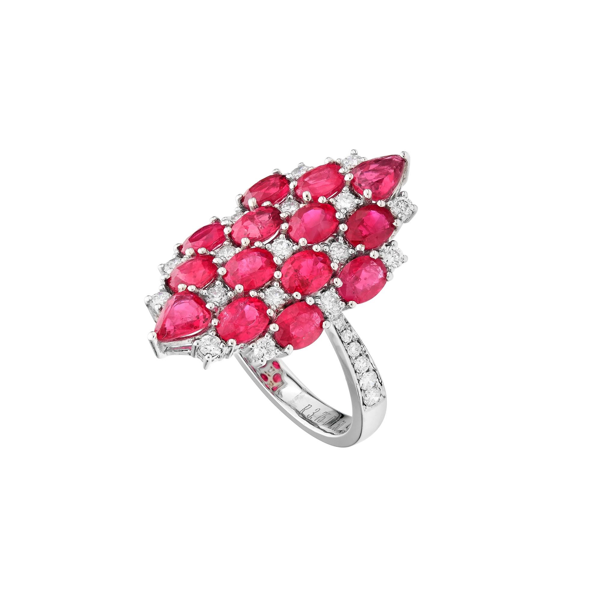 18K White Gold.
Ruby: 3.75ct total weight
Diamonds: 0.50ct total weight
All diamonds are G-H/SI stones. 
