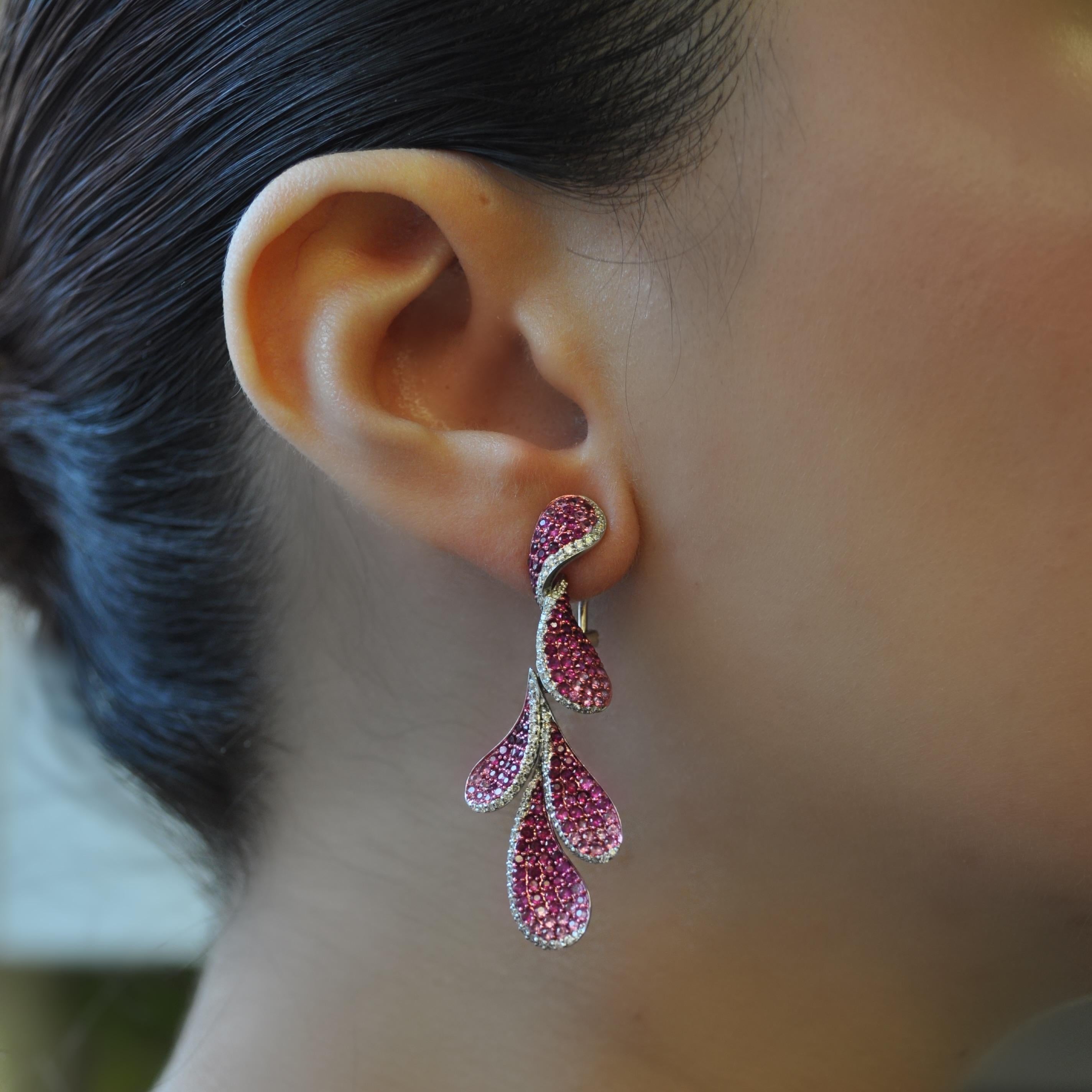 Mixed Cut RUCHI Ruby and Diamond Pavé White Gold Leaf-Shape Dangle Earrings For Sale