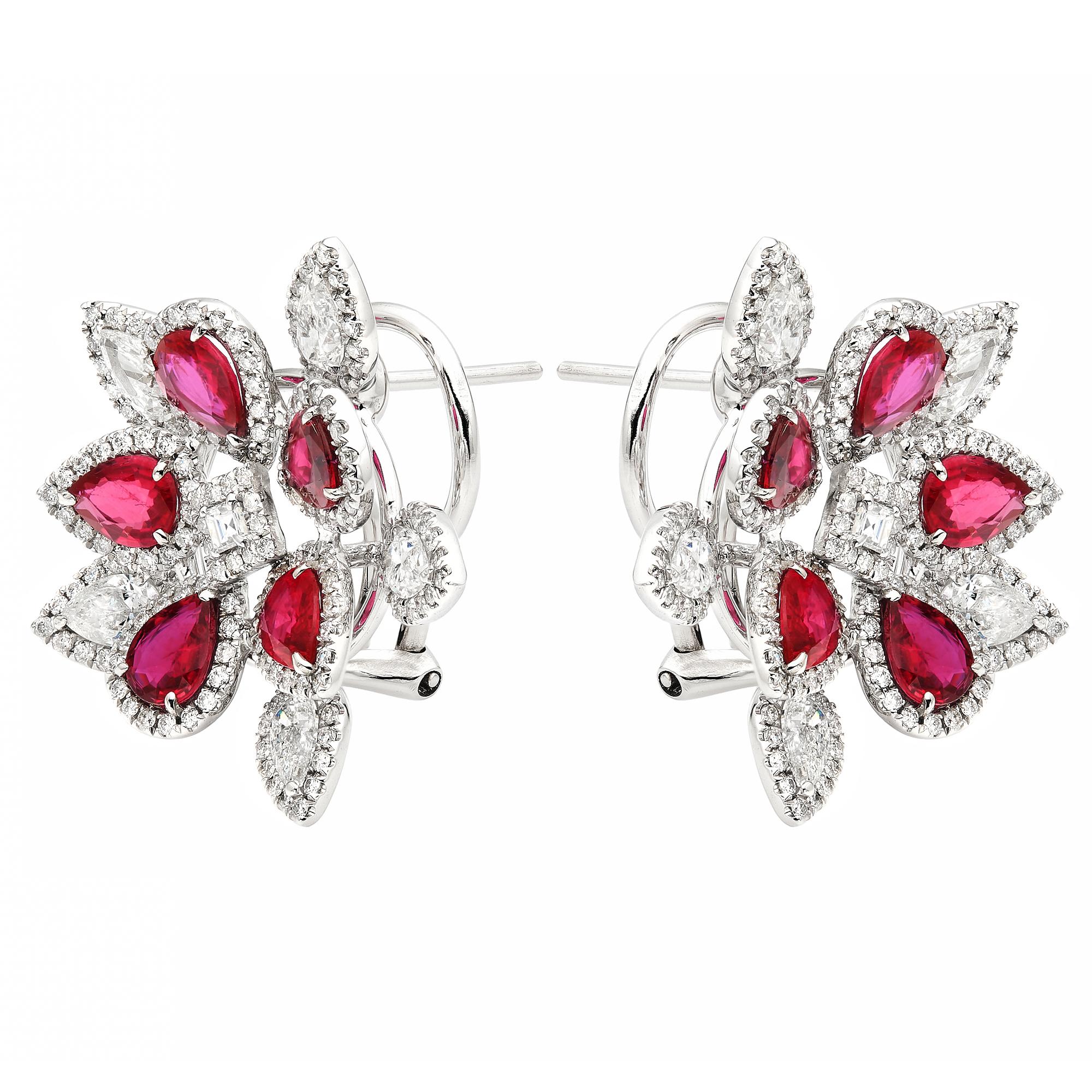 Contemporary RUCHI Ruby and Diamond White Gold Flower Clip-On Earrings For Sale