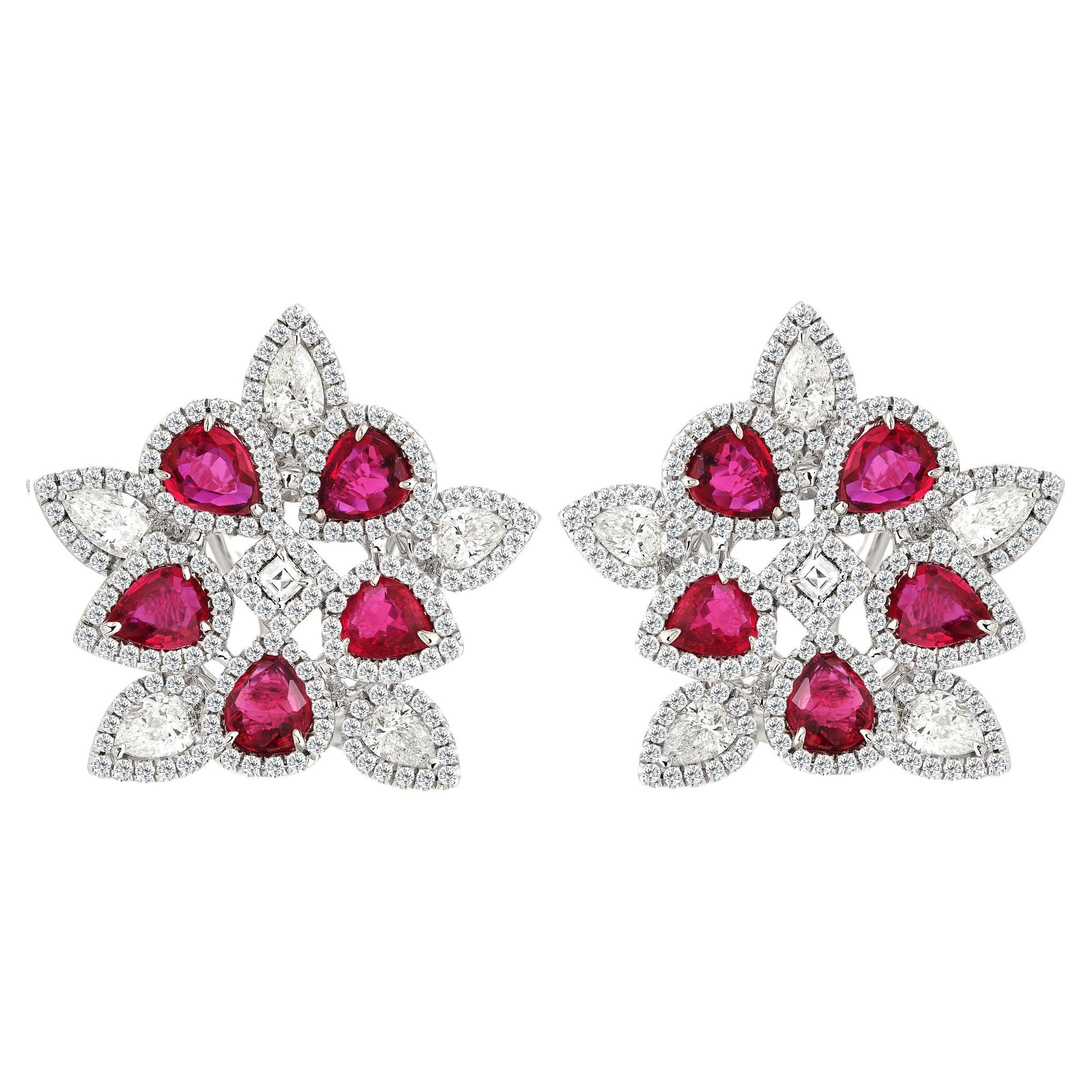 RUCHI Ruby and Diamond White Gold Flower Clip-On Earrings For Sale