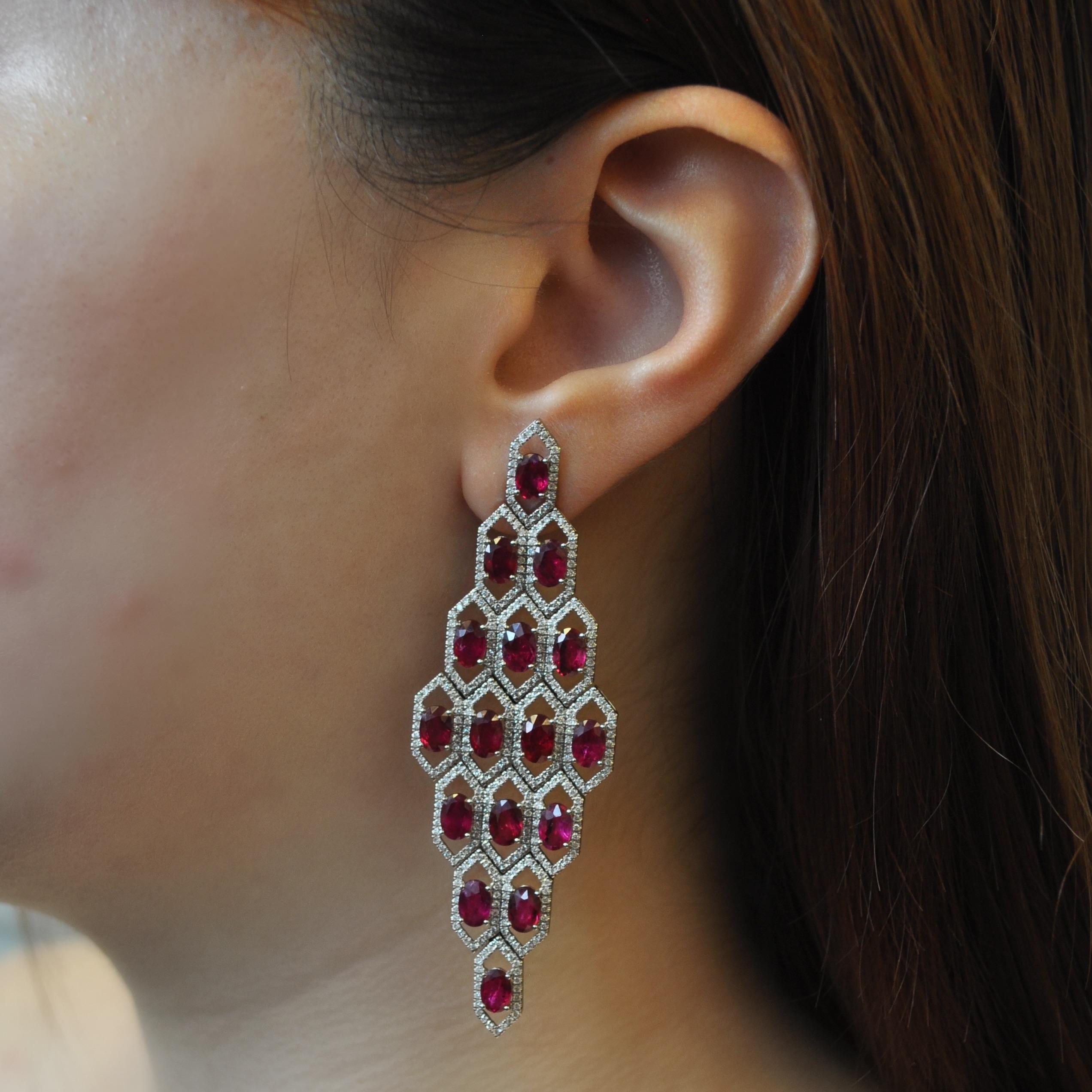Contemporary RUCHI Ruby and Pavé Diamond White Gold Chandelier Earrings For Sale
