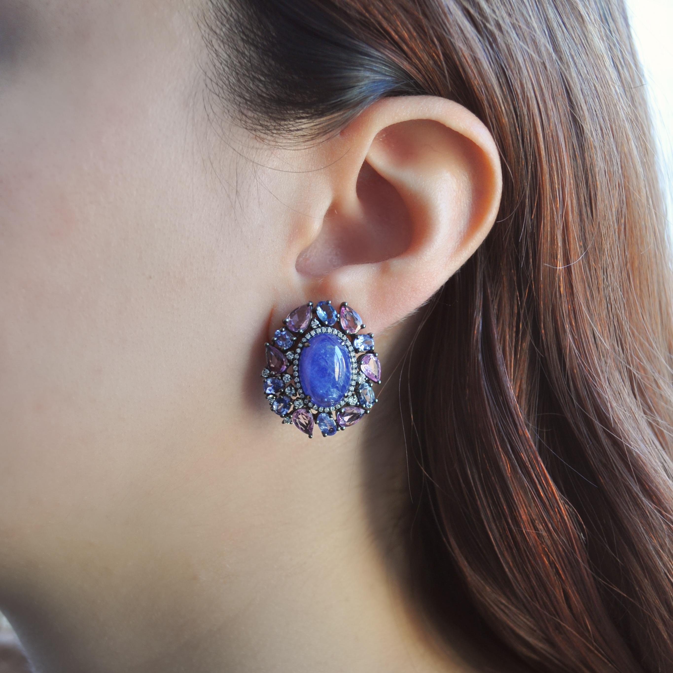 Cabochon RUCHI Tanzanite, Pink Sapphire and Diamond Black Rhodium Clip-On Earrings For Sale
