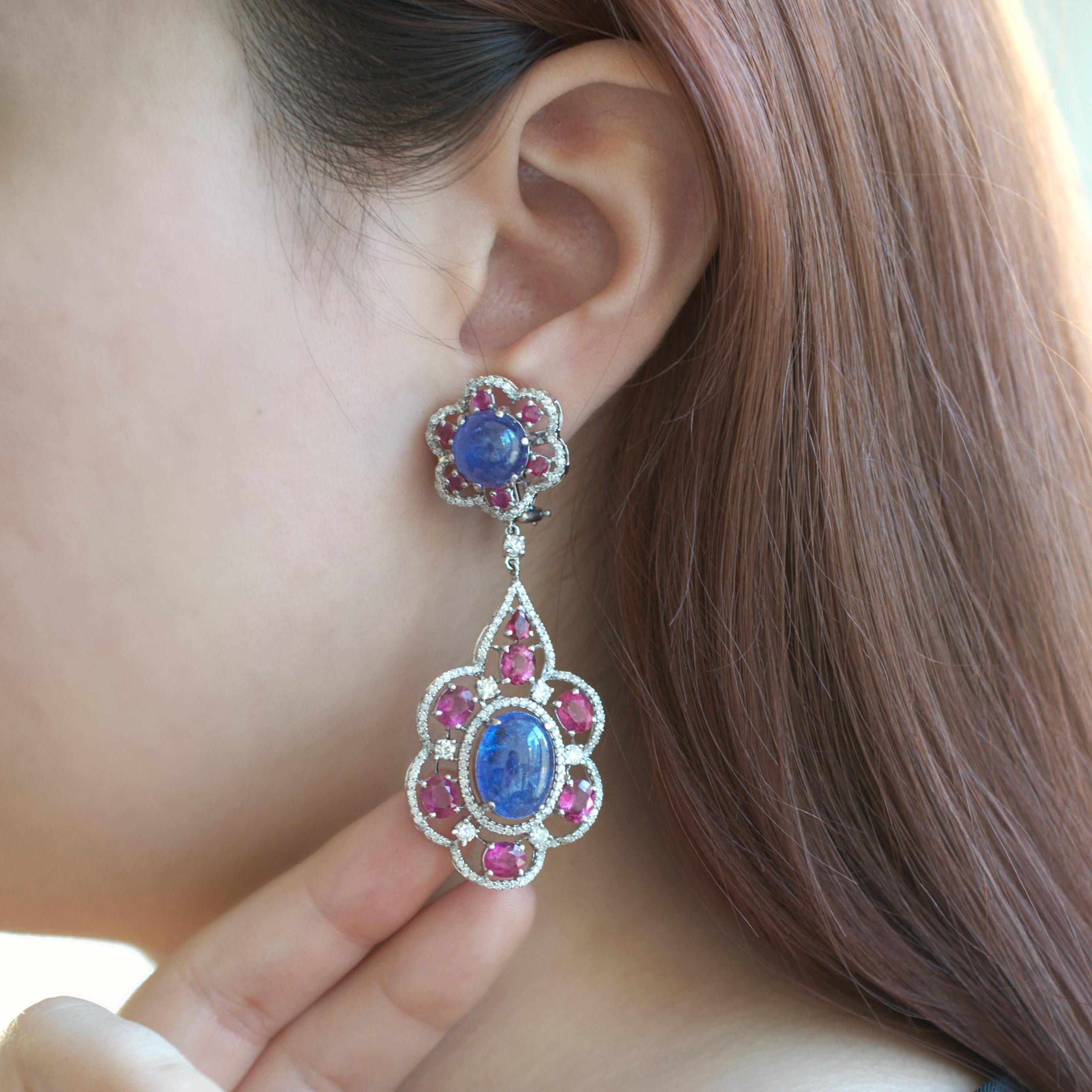 RUCHI Tanzanite, Ruby & Diamond White Gold Statement Dangle Earrings In New Condition For Sale In New York, NY
