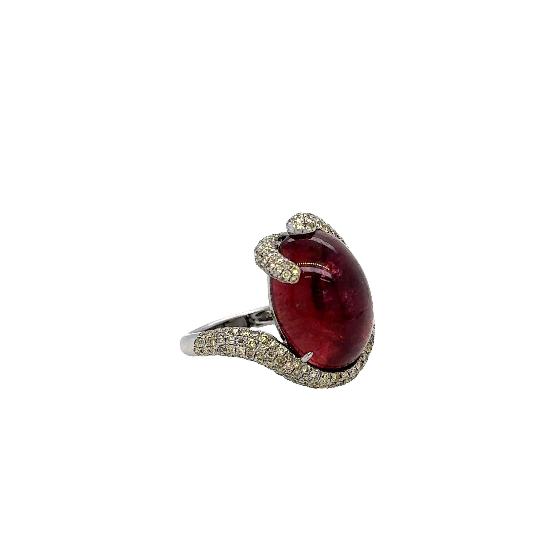 Contemporary RUCHI Tourmaline Cabochon & Fancy Pavé Diamond White Gold Statement Ring For Sale