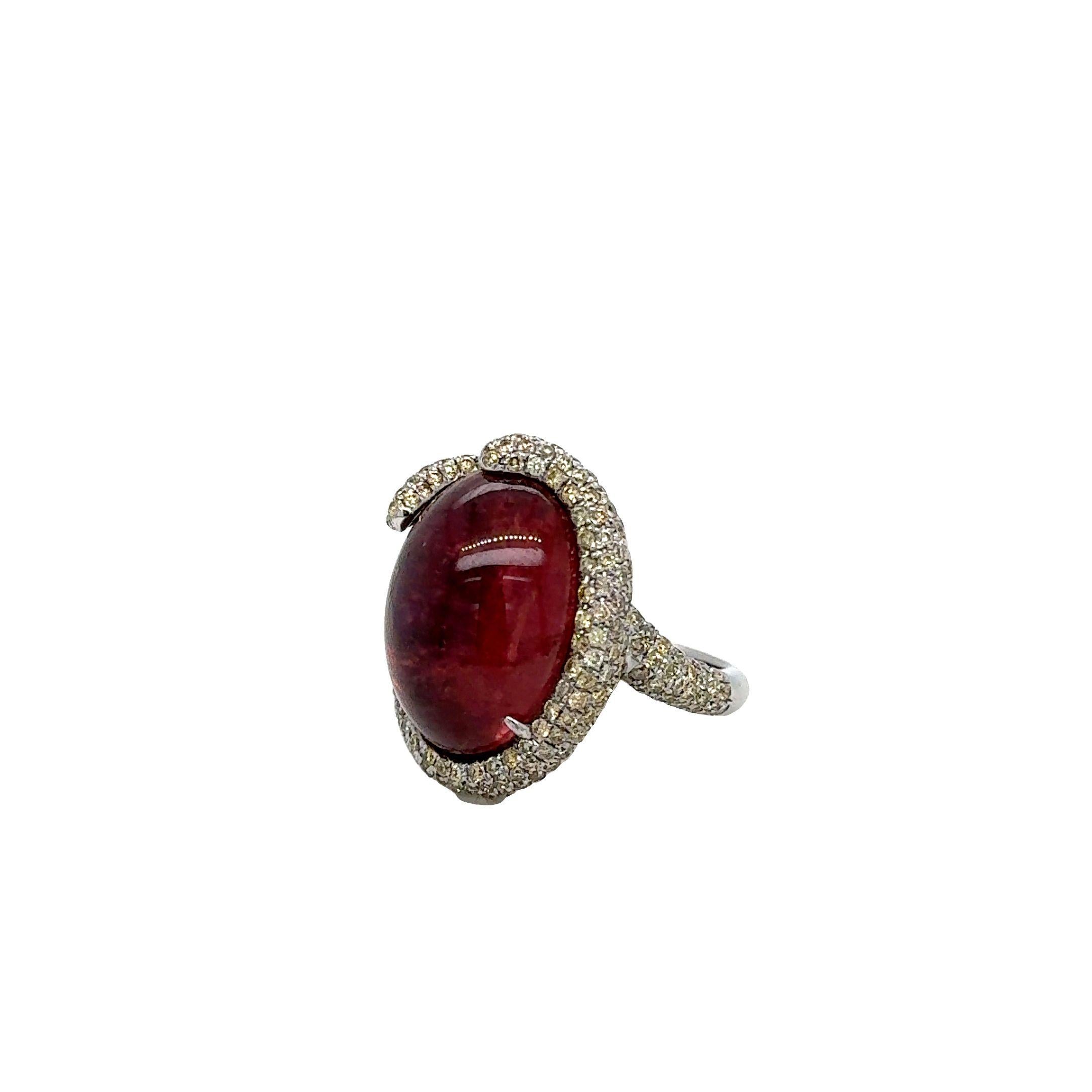 Oval Cut RUCHI Tourmaline Cabochon & Fancy Pavé Diamond White Gold Statement Ring For Sale