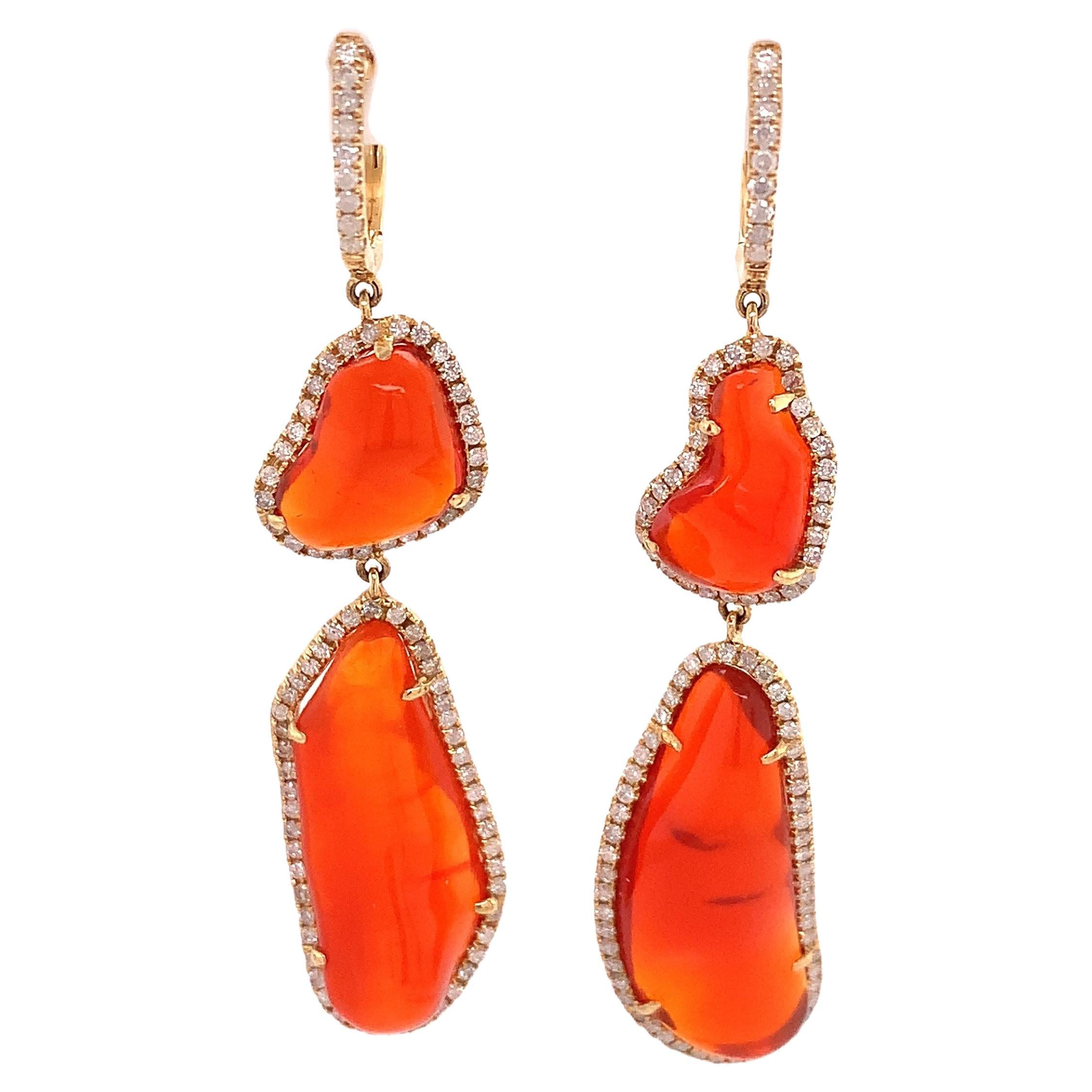 RUCHI Tumble-Finish Fire Opal and Diamond Yellow Gold Hinged-Back Drop Earrings
