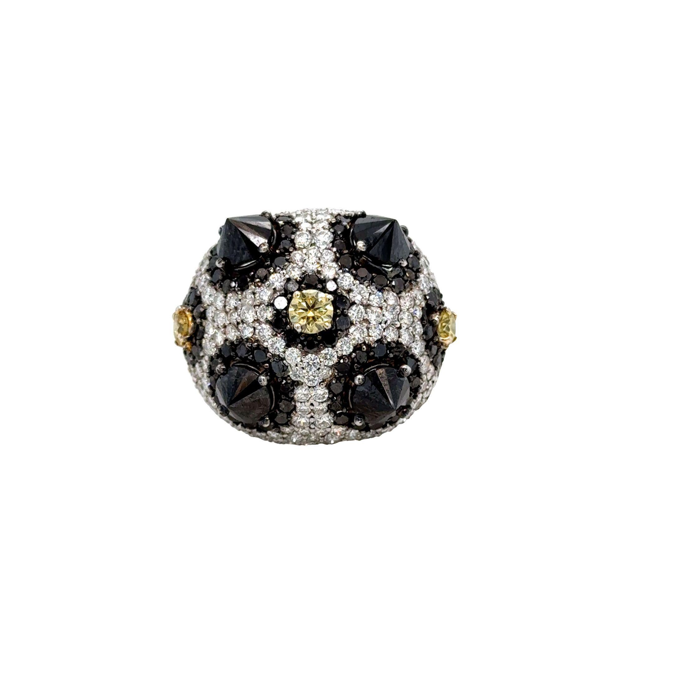 Worn by actress and producer Sharon Stone to Steven Tyler's 2019 Grammy's viewing party. 

18K White Gold
Black Diamond: 5.94ct total weight.
Fancy Yellow Diamond: 0.68ct total weight.
Diamonds: 5.09ct total weight.
All diamonds are G-H/SI stones.
