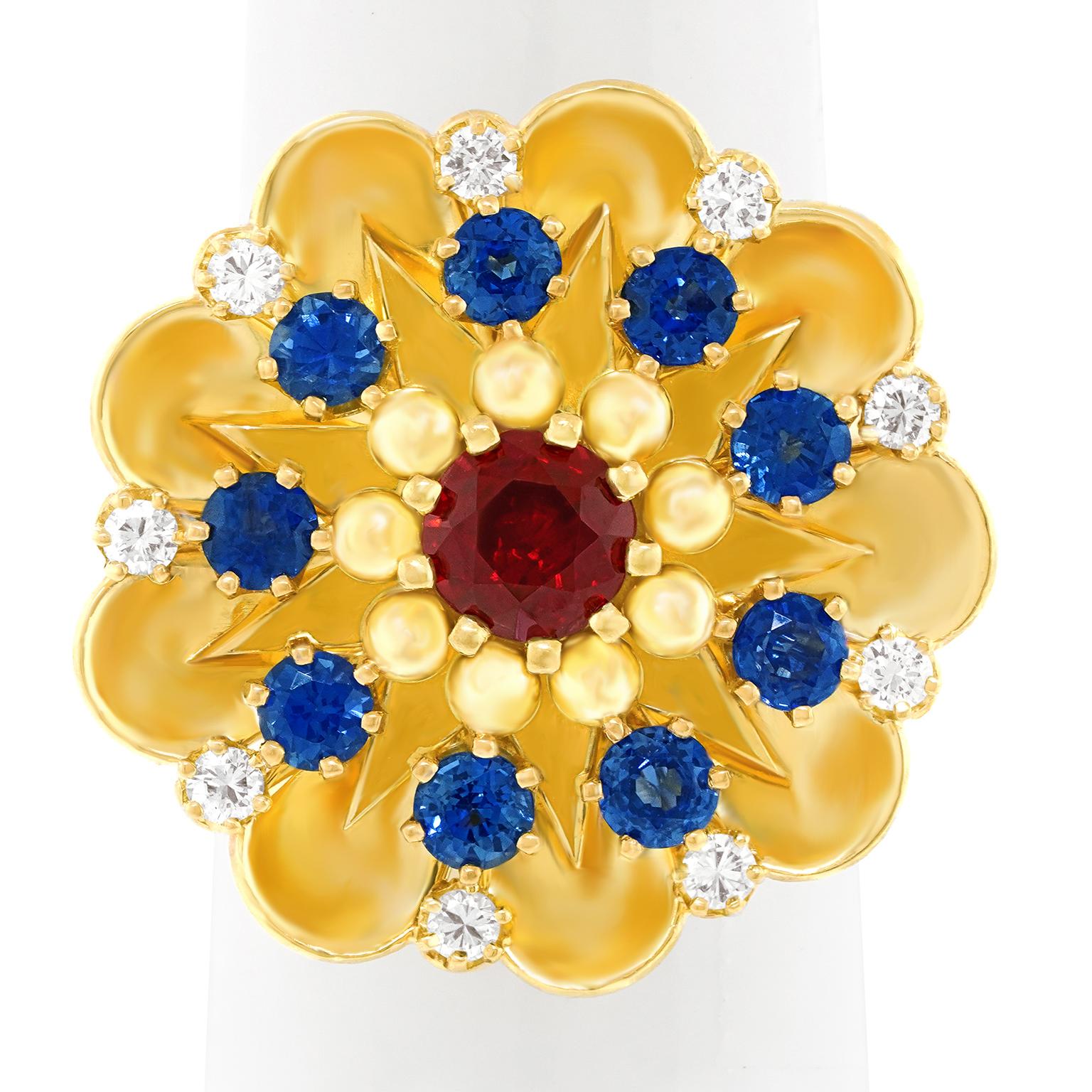 Taille ronde Rud Murbach Sixties Mod Sapphire Diamond and Ruby Ring (bague saphir, diamant et rubis) en vente