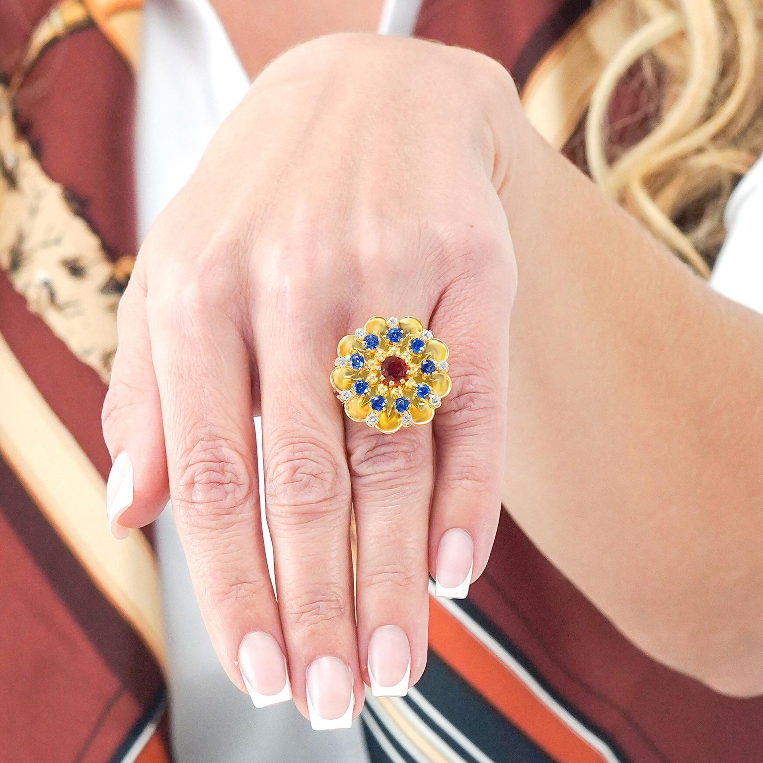 Rud Murbach Sixties Mod Sapphire Diamond and Ruby Ring (bague saphir, diamant et rubis) Excellent état - En vente à Litchfield, CT