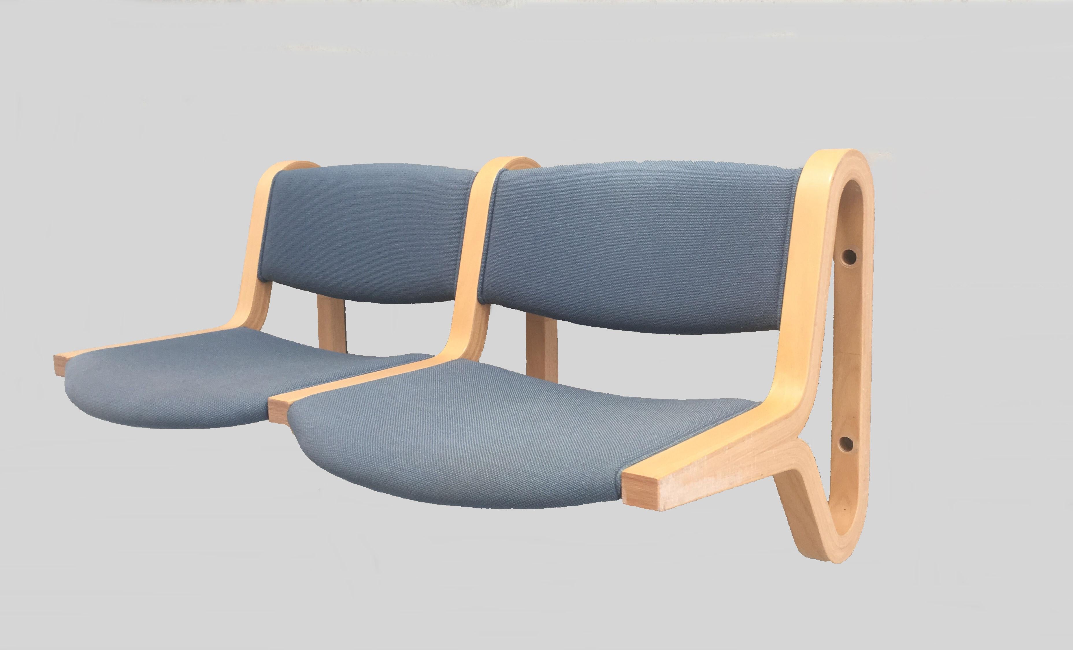 1970's Rud Thygesen and Johnny Sørensen wall mounted two seat bench in beech by Magnus Olesen.

The benches were made as 1-seat, 2-seat and 3-seat benches and an additional small wall-mounted side table. The price is for one 2 seat bench but we also