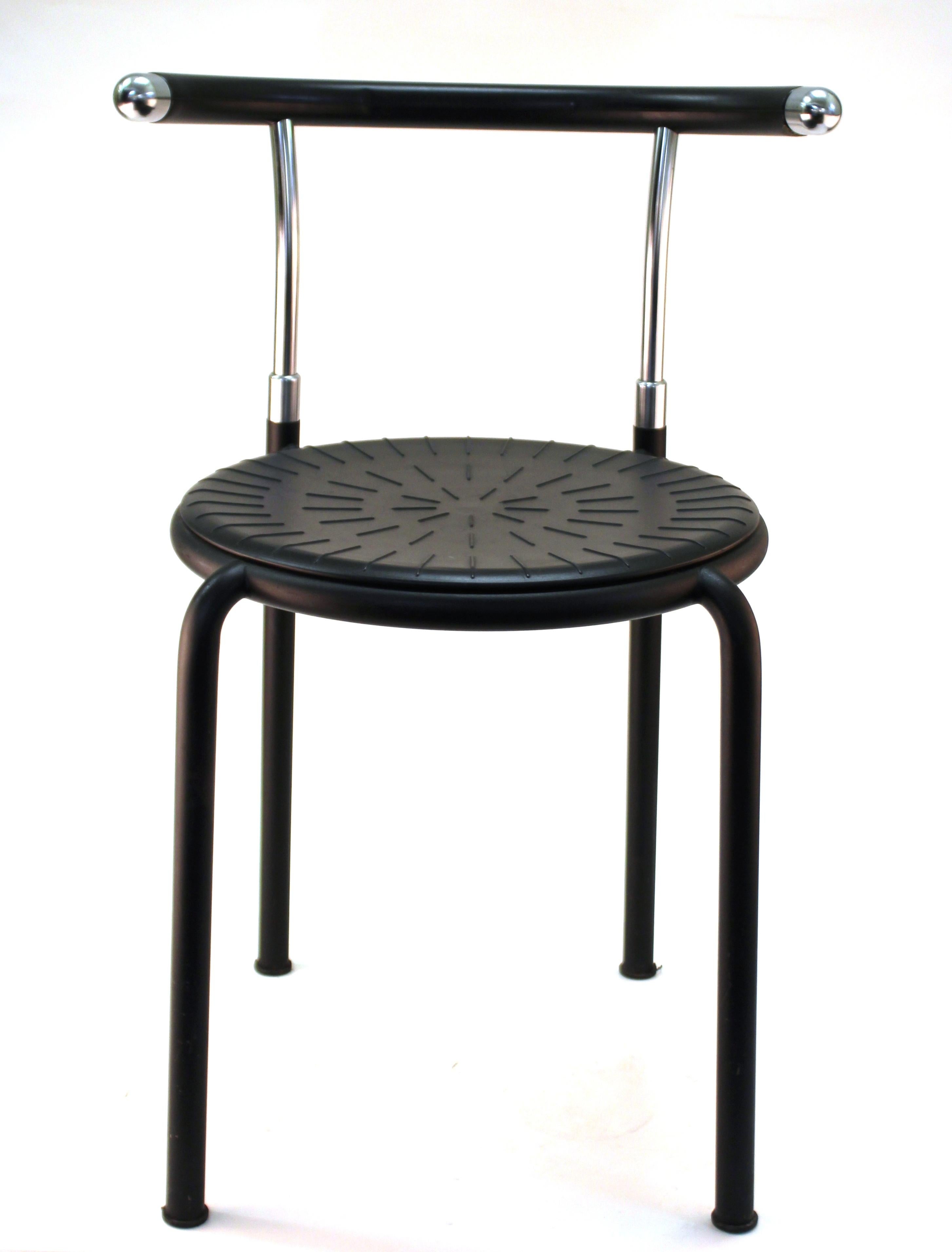 Danish Postmodern set of five dining chairs designed by Rud Thygesen and Johnny Sorensen for Botium. The set is made of metal frames with black plastic covers and was made in the 1980s in Denmark. In great vintage condition with some age-appropriate