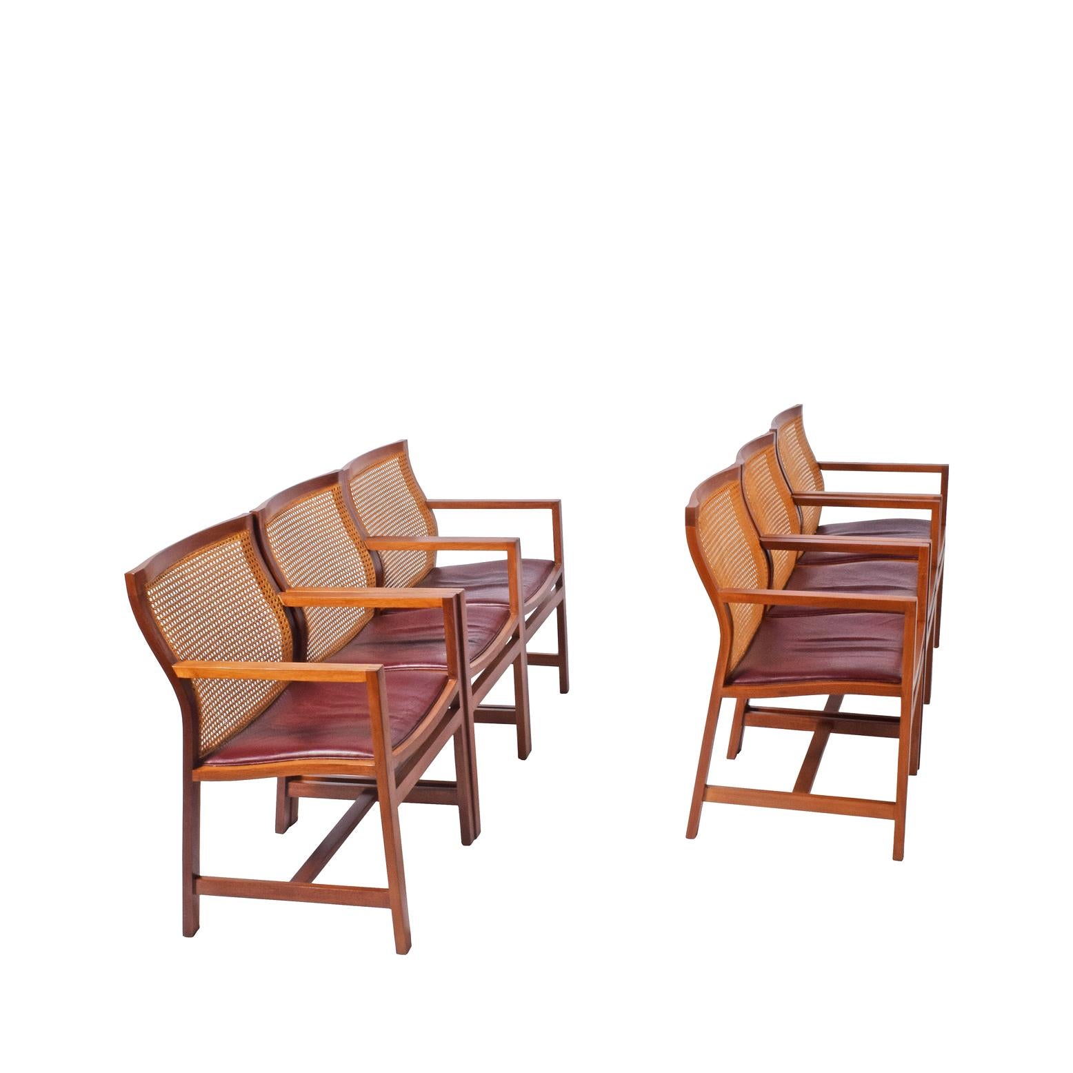 Solid mahogany set of six armchair design by Thygesen & Sørensen for Botium original condition, cane and leather
Measures: Arm height 25