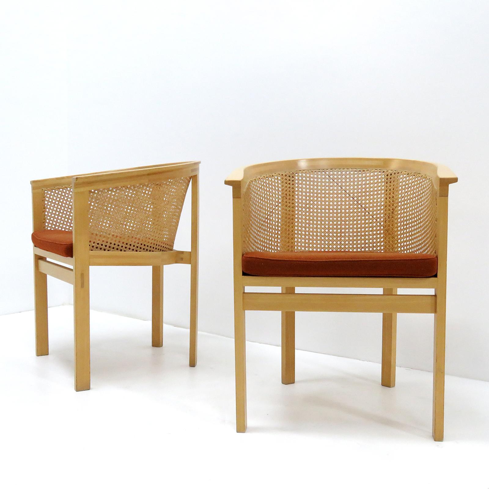 Wonderful Model 7703 armchairs designed by Rud Thygesen & Johnny Sørensen for Botium in 1989, beech frames with french wicker backs and burnt-orange wool cushions, part of the 'King' series designed in 1969 as gifts for the Danish King Frederik IX