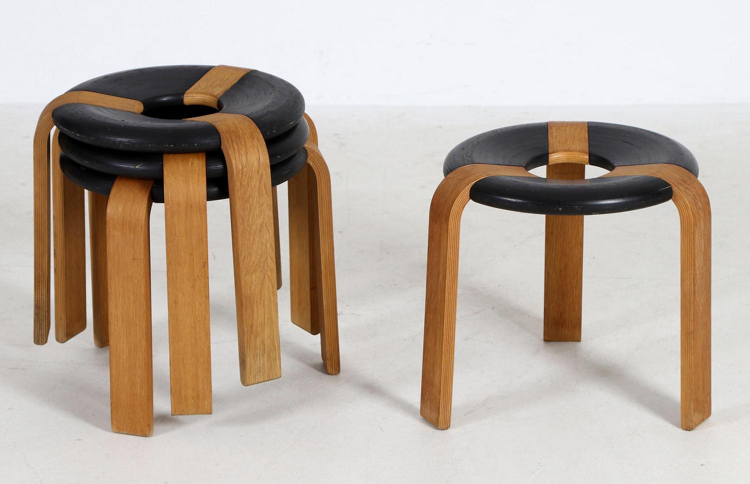 Bentwood stool designed by Rud Thygesenand Johhny Sørensen in the 1970s for Magnus Olsen. 
Set of four.
 