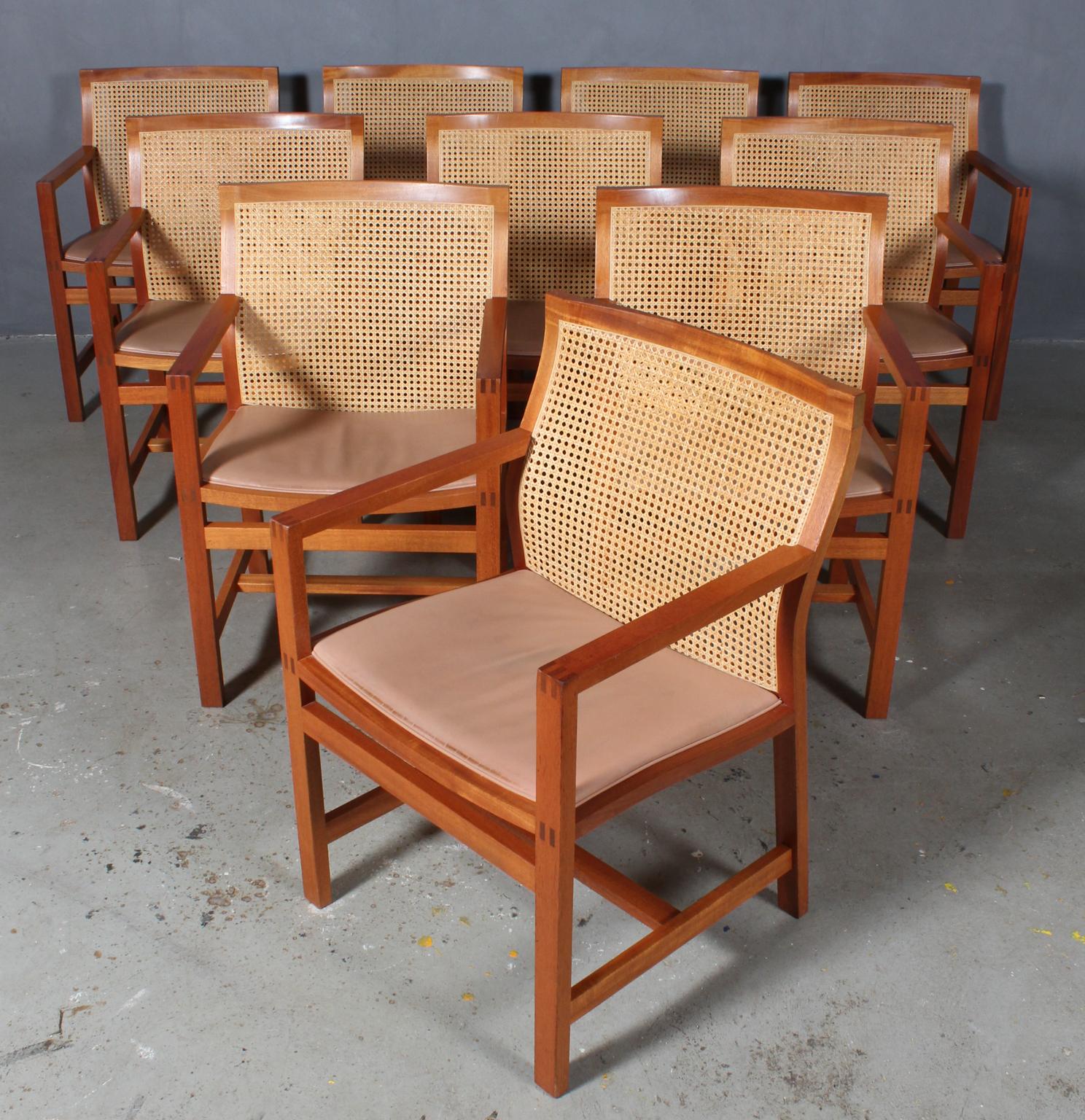 Rud Thygesen & Johnny Sørensen set of ten armchairs with frame of solid mahogany.

Cane in the back original leather aniline upholstery on seat.

From 