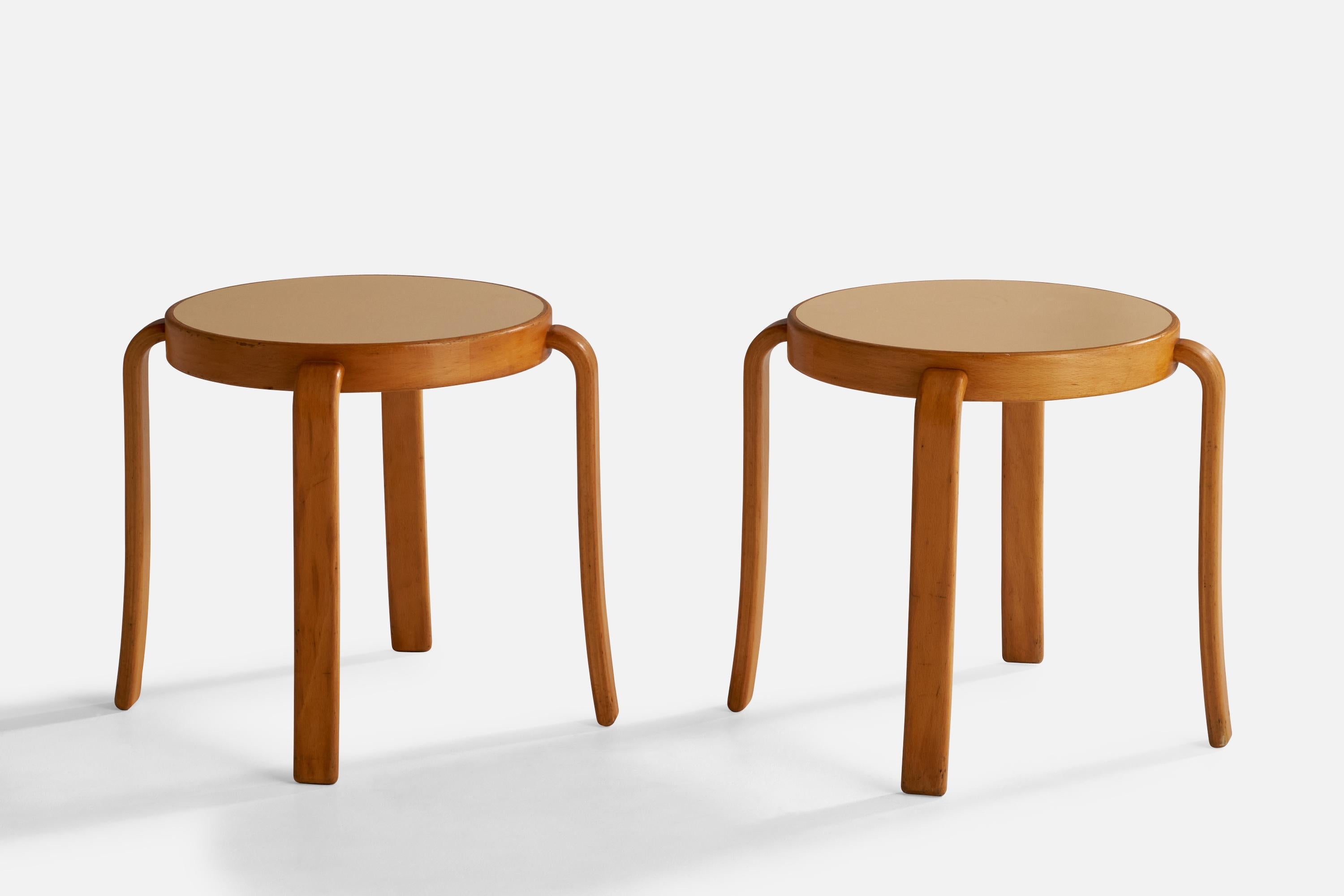 A pair of oak and beige laminate stools designed by Rud Thygesen and Johnny Sørensen and produced by Magnus Olesen, Denmark, 1960s.