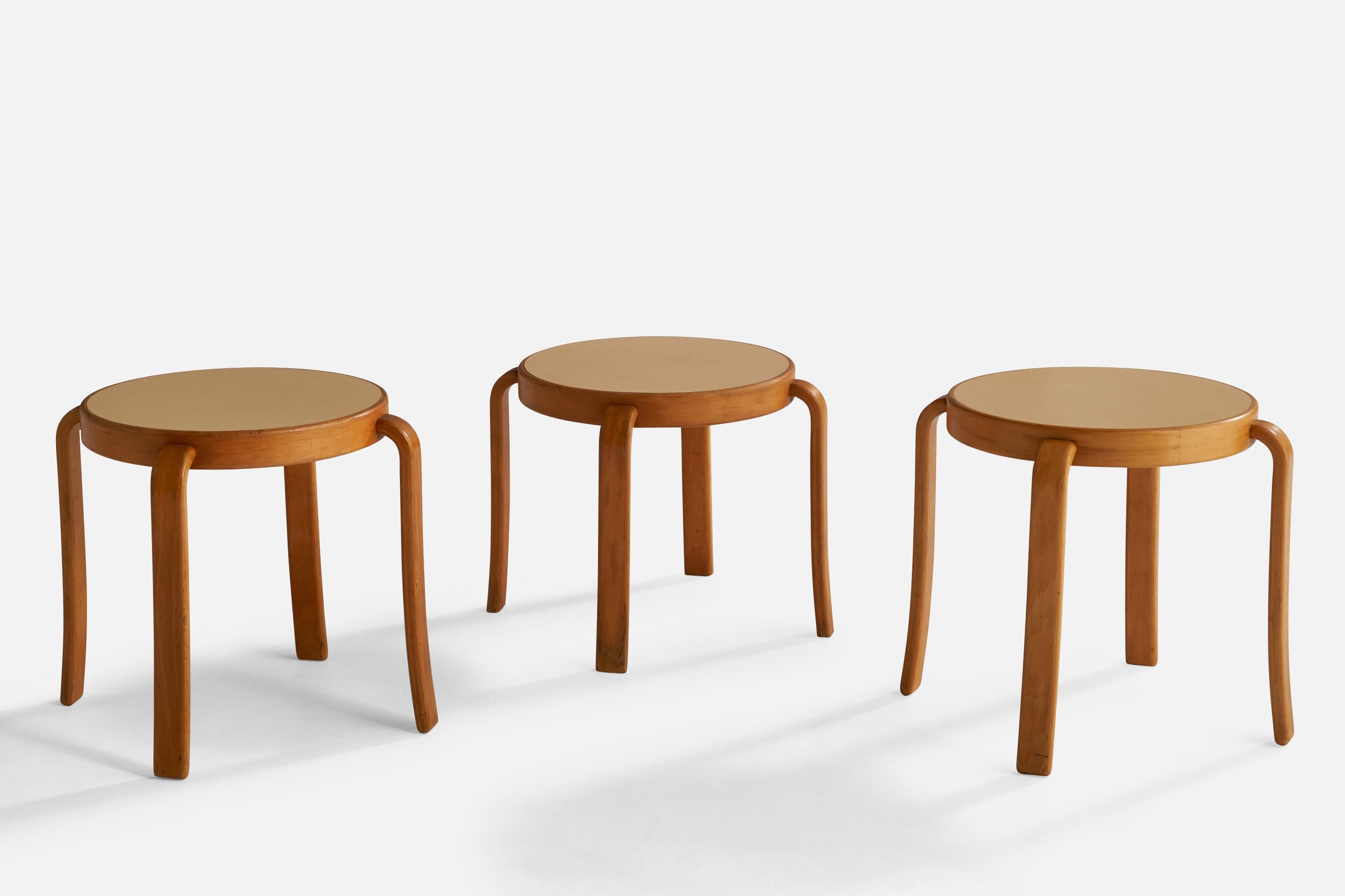 A set of three oak and beige laminate stools designed by Rud Thygesen and Johnny Sørensen and produced by Magnus Olesen, Denmark, 1960s.

Dimensions of shorter piece: 15.5” H x 20.55” W x 20.55” D
