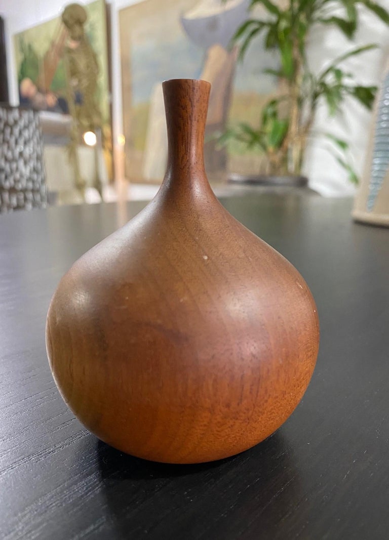 American Rude Osolnik Signed Mid-Century Modern Walnut Wood Turned Vessel Bud Weed Vase For Sale