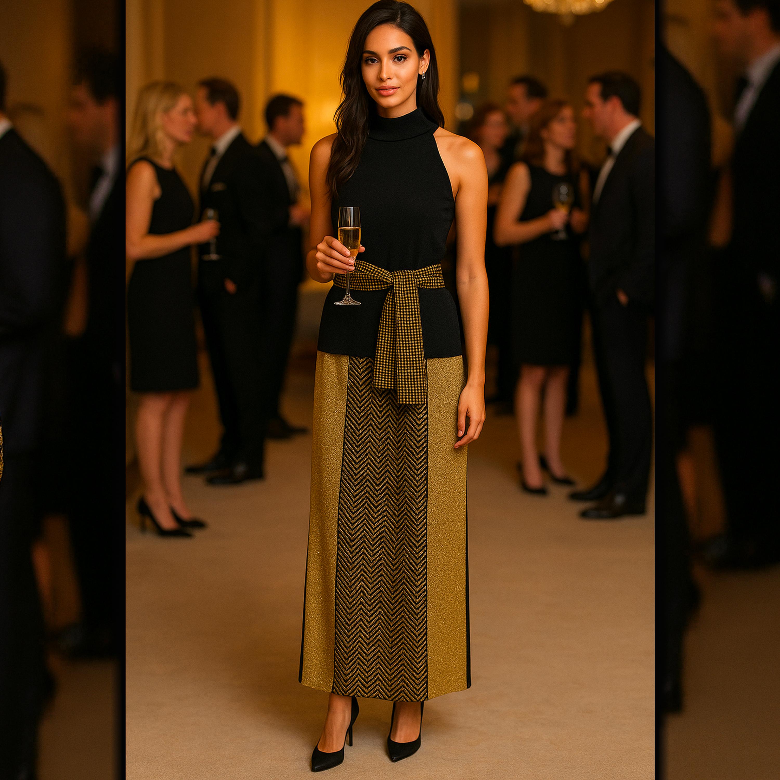 Nero Rudi Gernreich 1970s Set di 3 pezzi in maglia metallica nera e oro Top, gonna e fusciacca in vendita