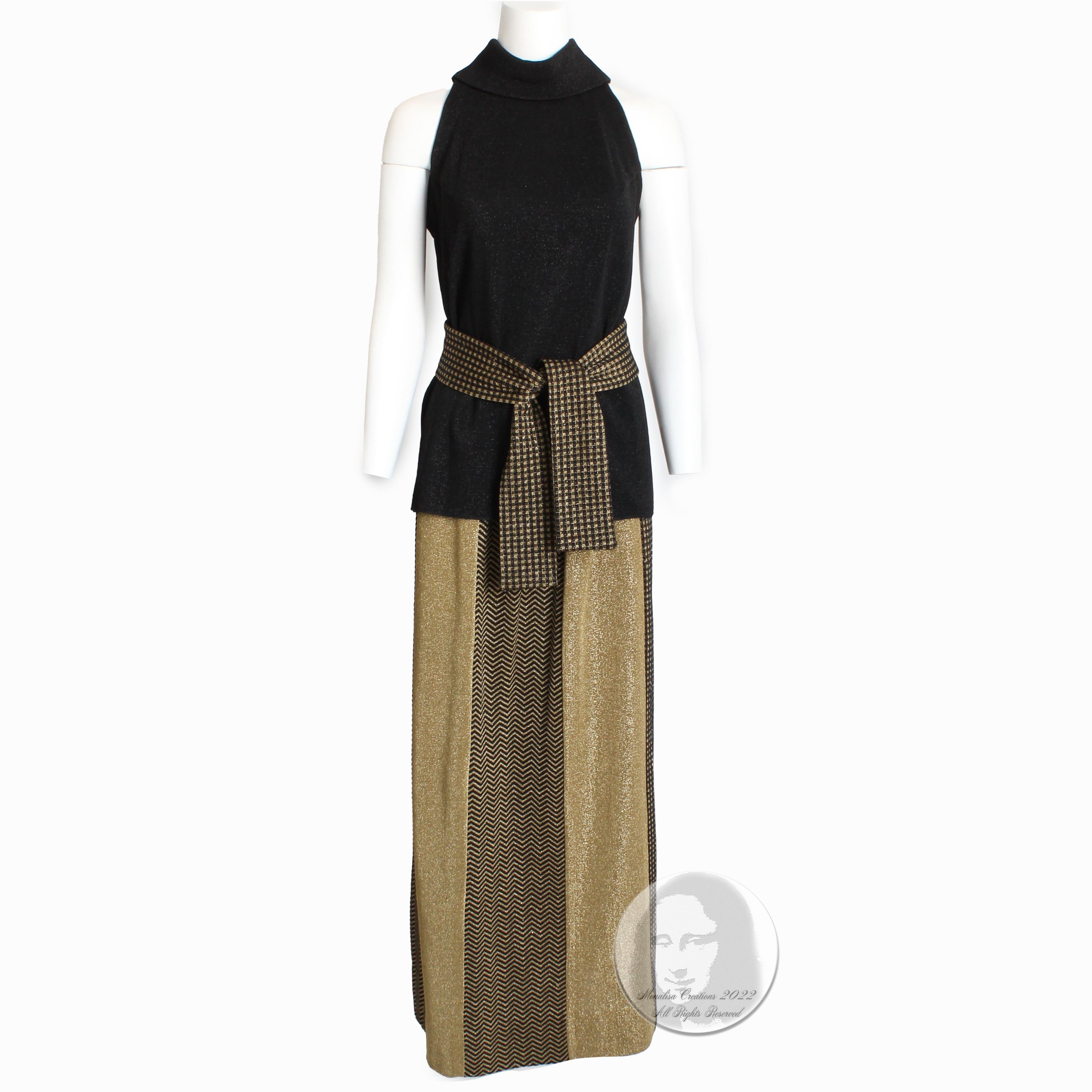 Rudi Gernreich 3pc Set Top Skirt and Sash Belt Black Gold Metallic Knit Suit 70s In Fair Condition For Sale In Port Saint Lucie, FL