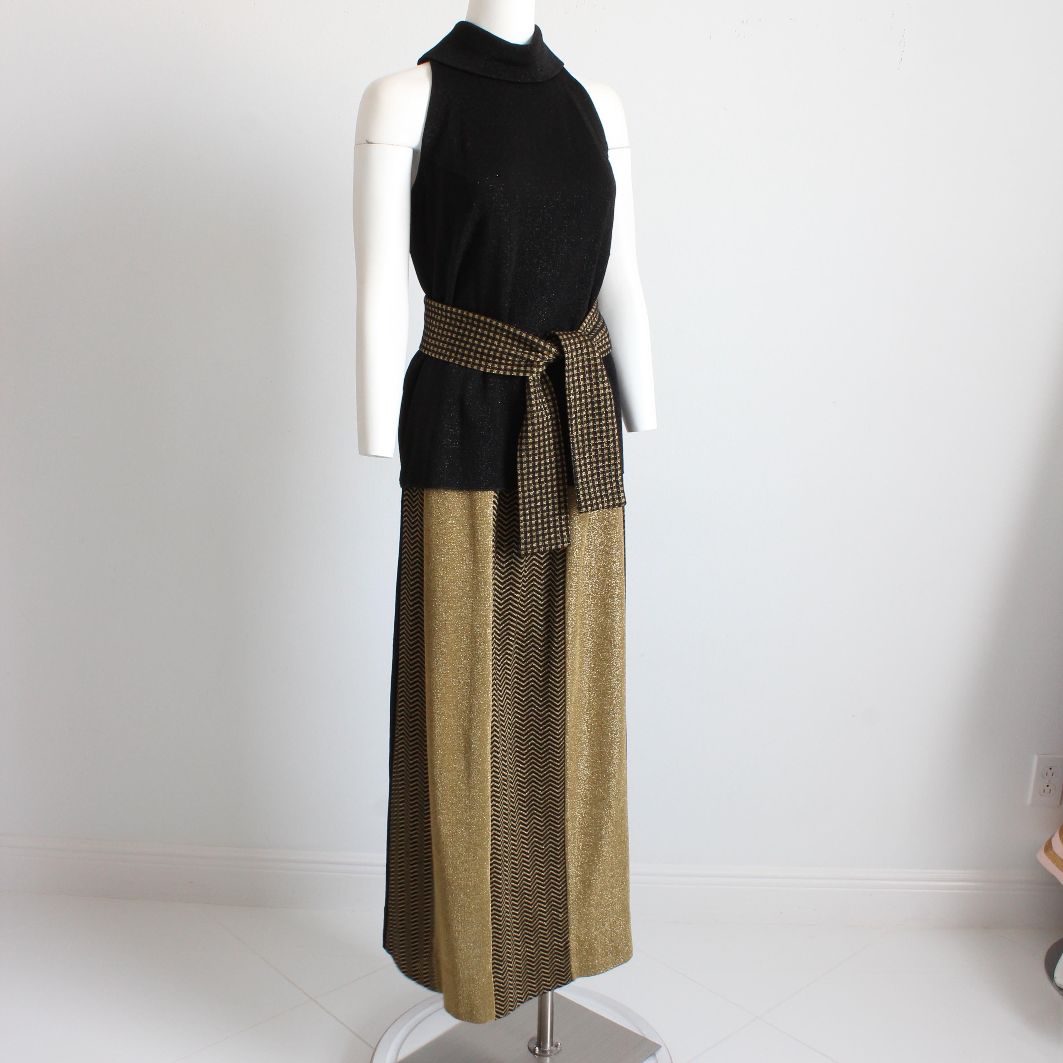 Rudi Gernreich 3pc Set Top Skirt and Sash Belt Black Gold Metallic Knit Suit 70s In Fair Condition For Sale In Port Saint Lucie, FL