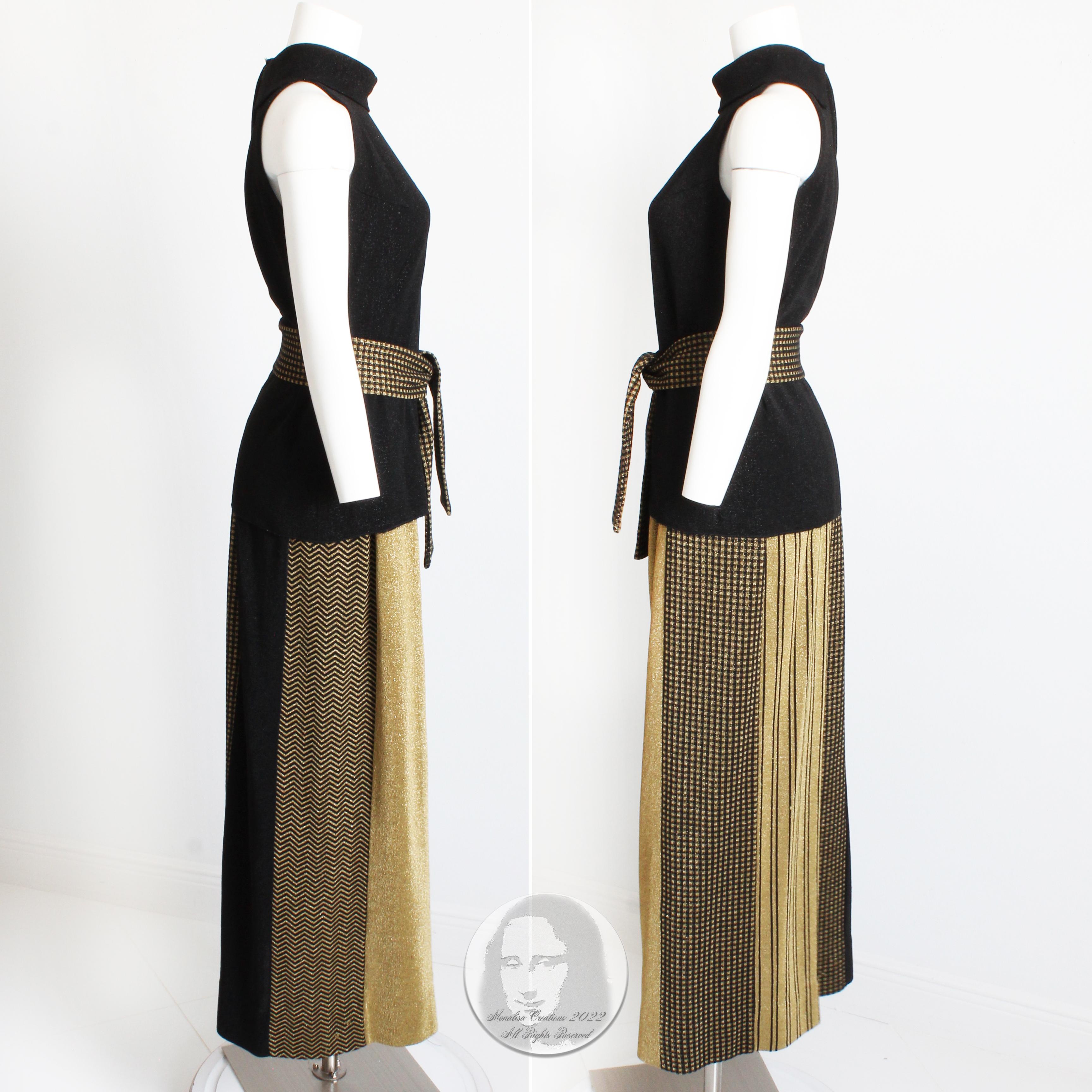 Women's or Men's Rudi Gernreich 3pc Set Top Skirt and Sash Belt Black Gold Metallic Knit Suit 70s For Sale
