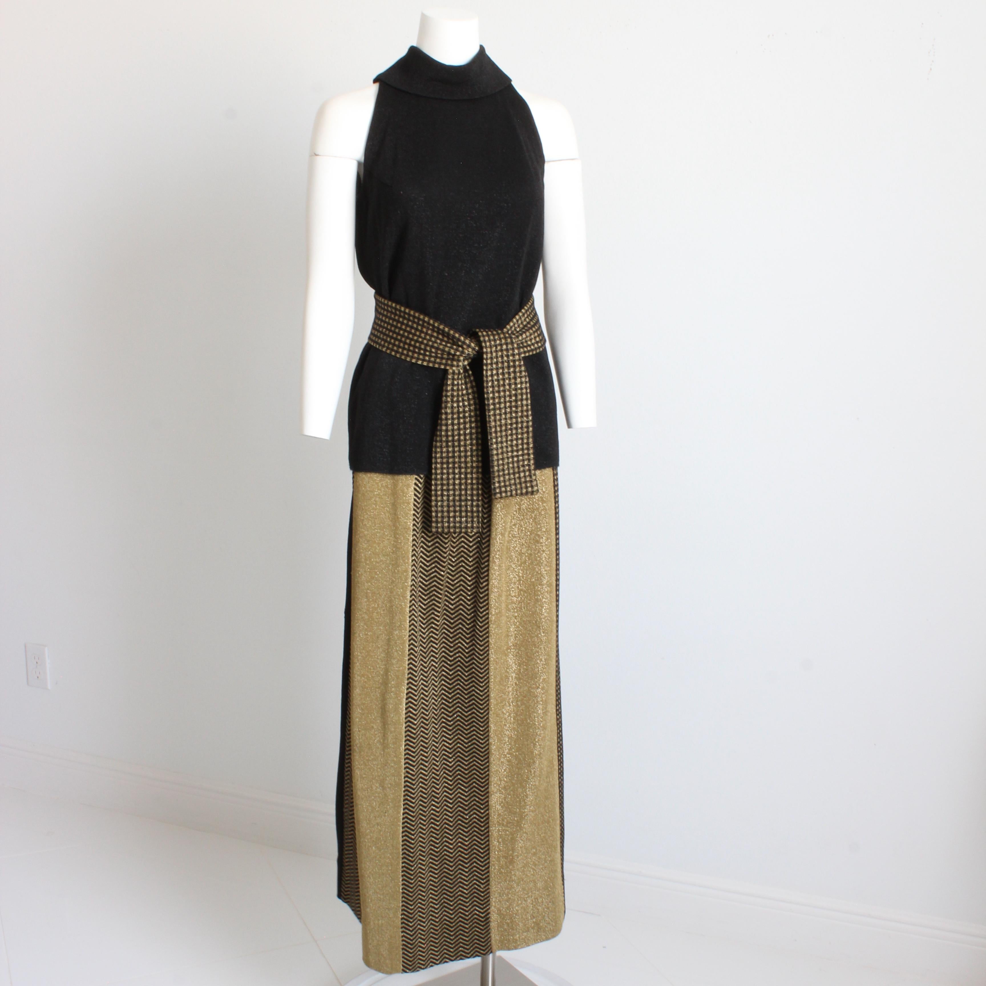 Women's or Men's Rudi Gernreich 3pc Set Top Skirt and Sash Belt Black Gold Metallic Knit Suit 70s For Sale
