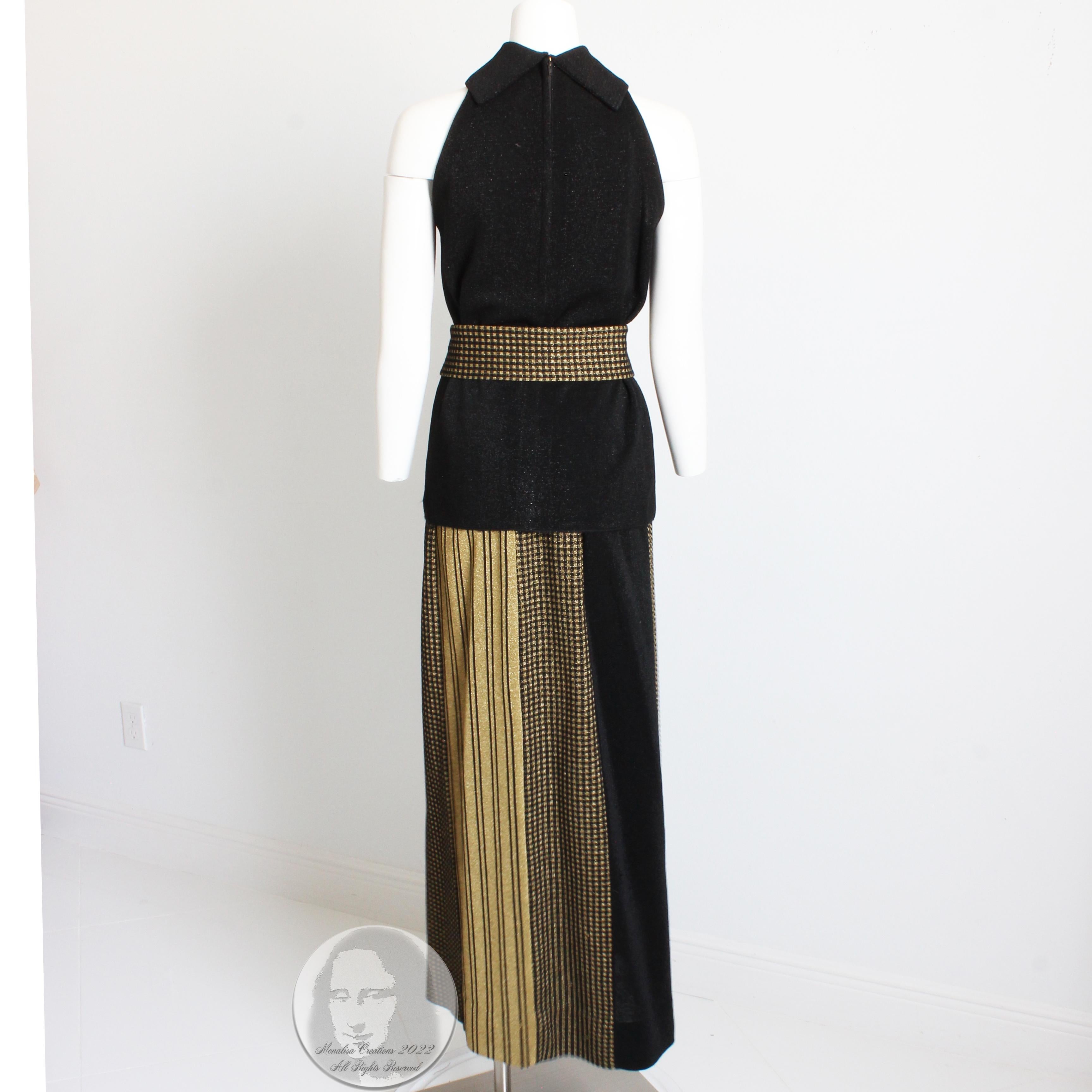 Rudi Gernreich 3pc Set Top Skirt and Sash Belt Black Gold Metallic Knit Suit 70s For Sale 1