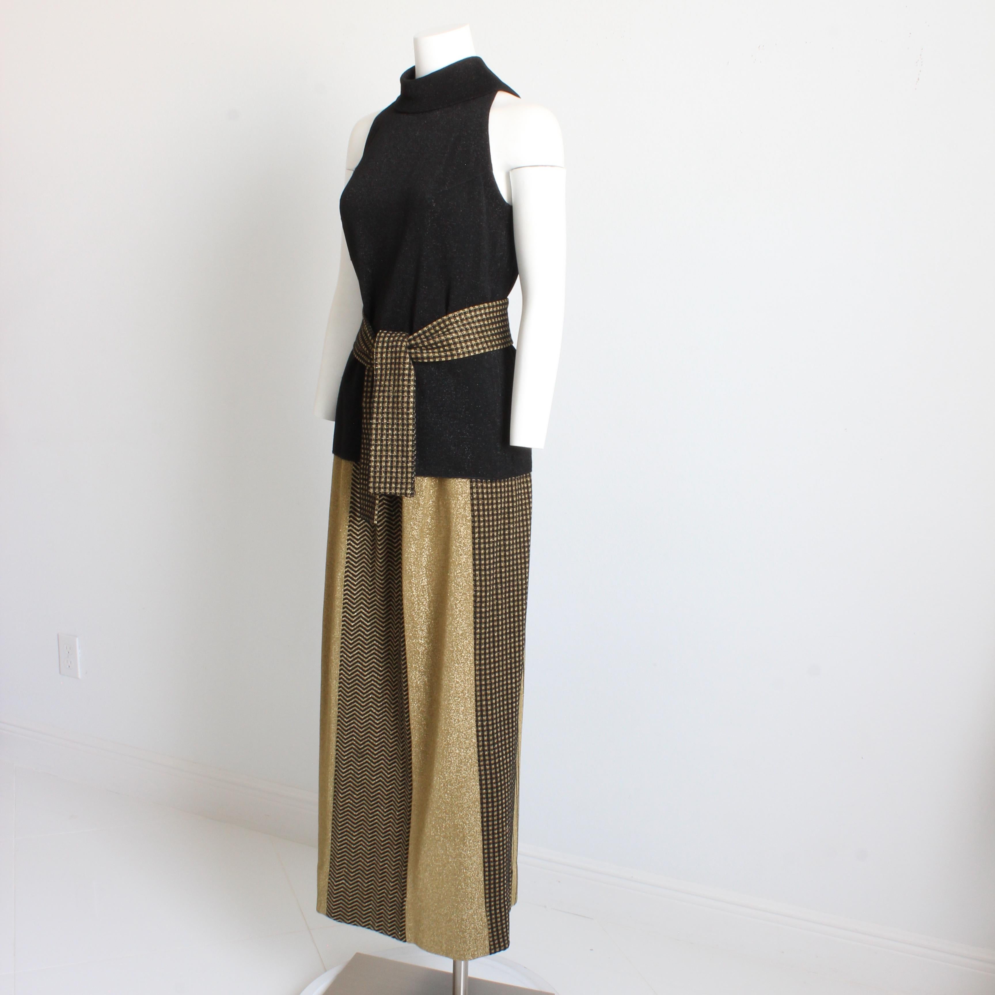 Rudi Gernreich 3pc Set Top Skirt and Sash Belt Black Gold Metallic Knit Suit 70s For Sale 1