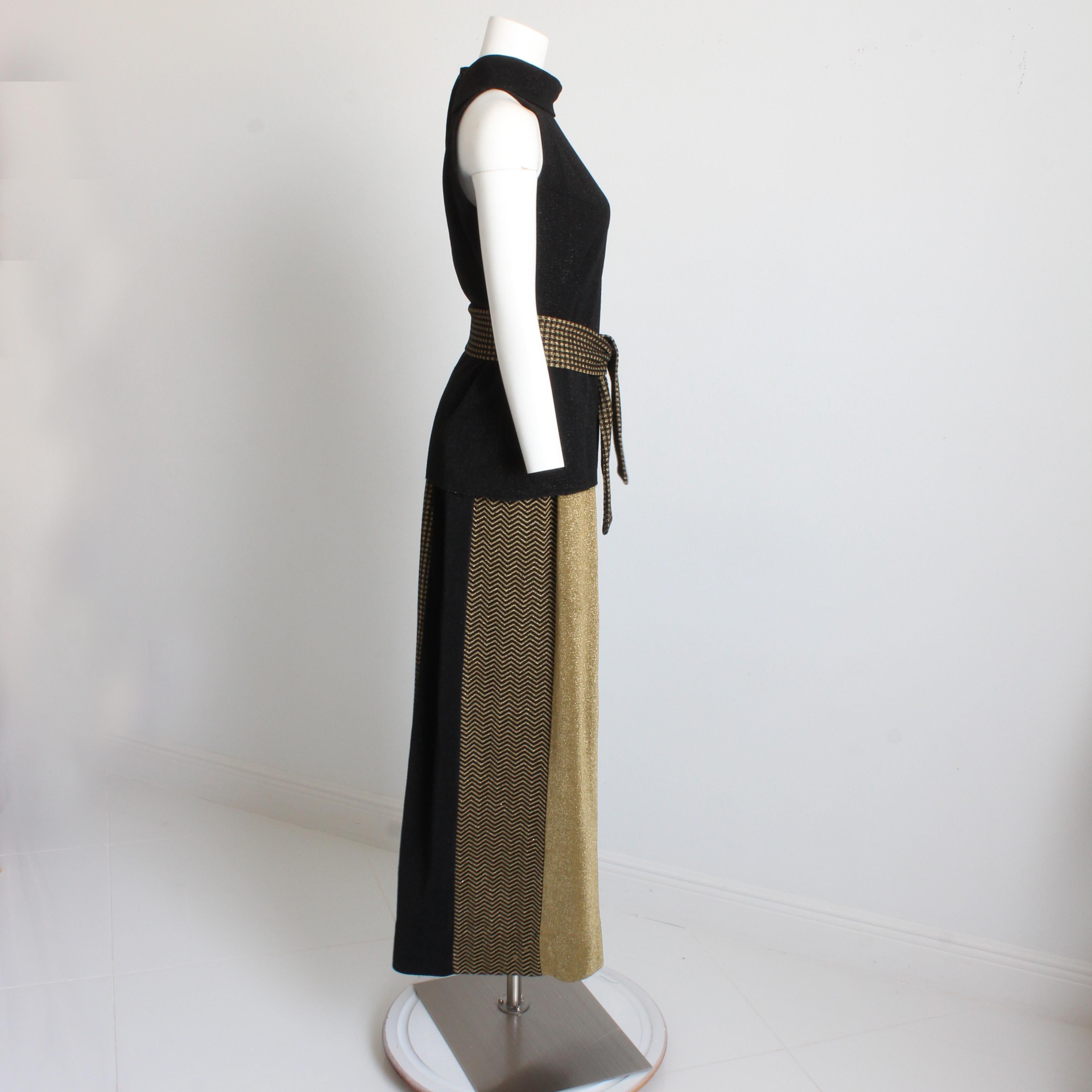 Rudi Gernreich 3pc Set Top Skirt and Sash Belt Black Gold Metallic Knit Suit 70s For Sale 2