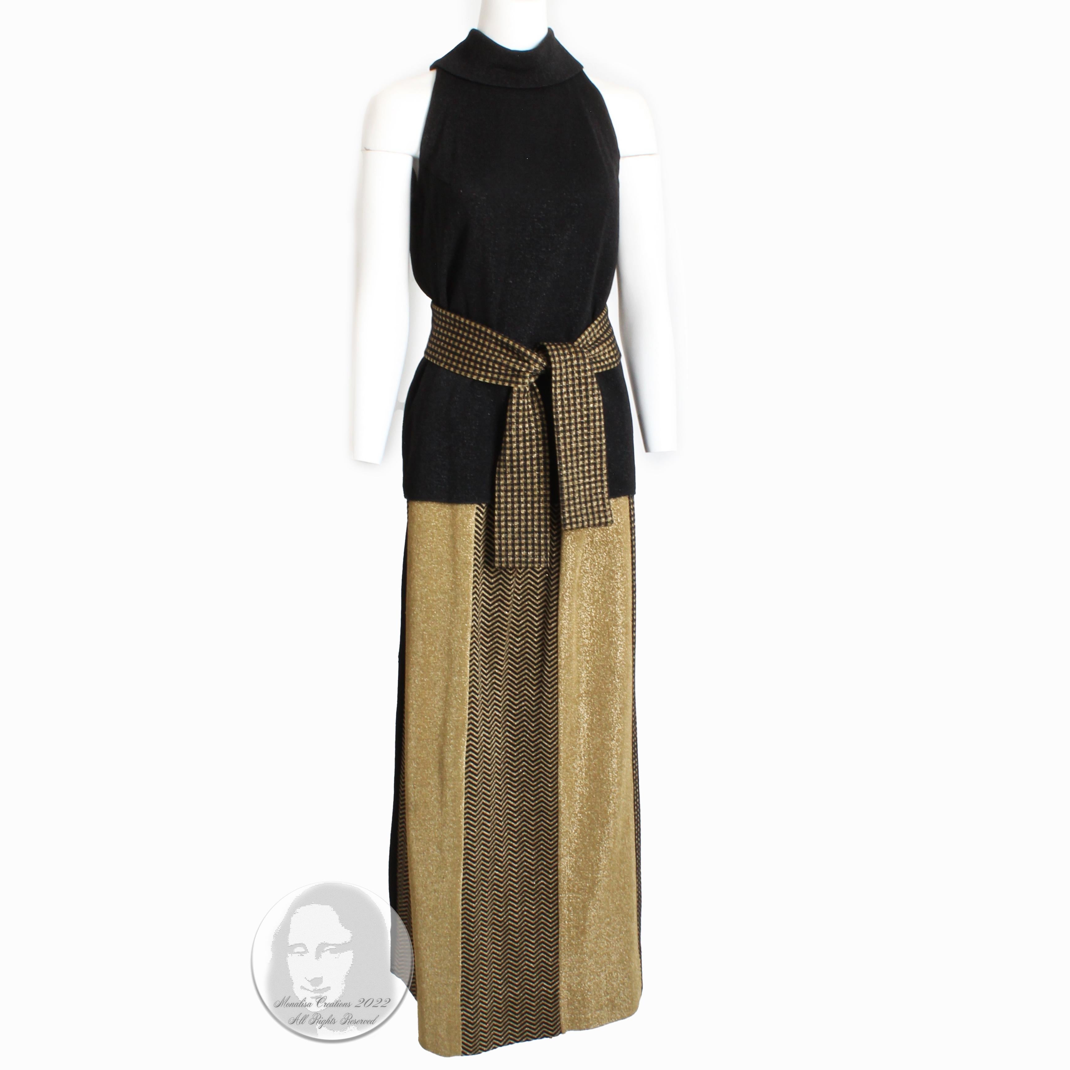 Rudi Gernreich 3pc Set Top Skirt and Sash Belt Black Gold Metallic Knit Suit 70s For Sale 3