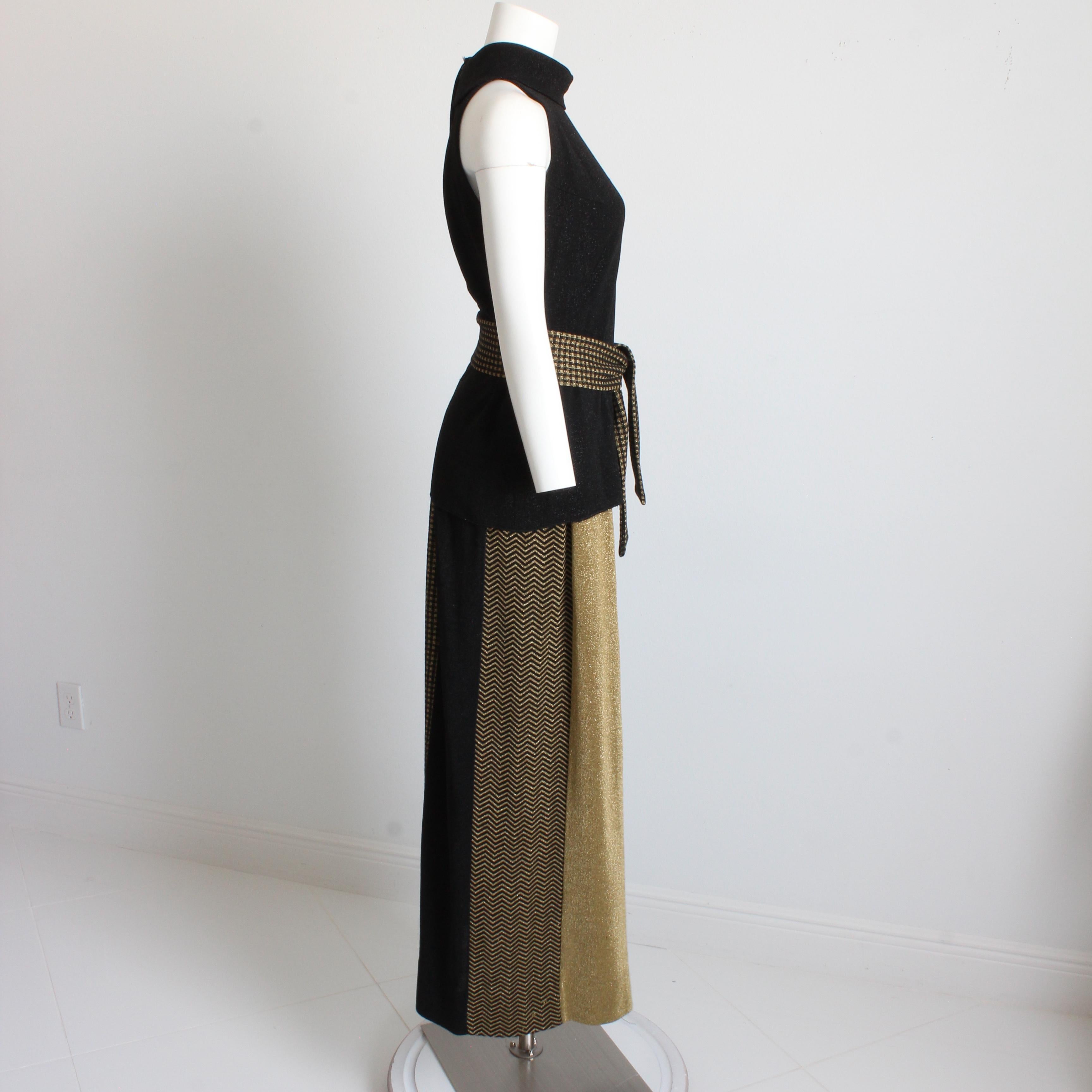 Rudi Gernreich 3pc Set Top Skirt and Sash Belt Black Gold Metallic Knit Suit 70s For Sale 3