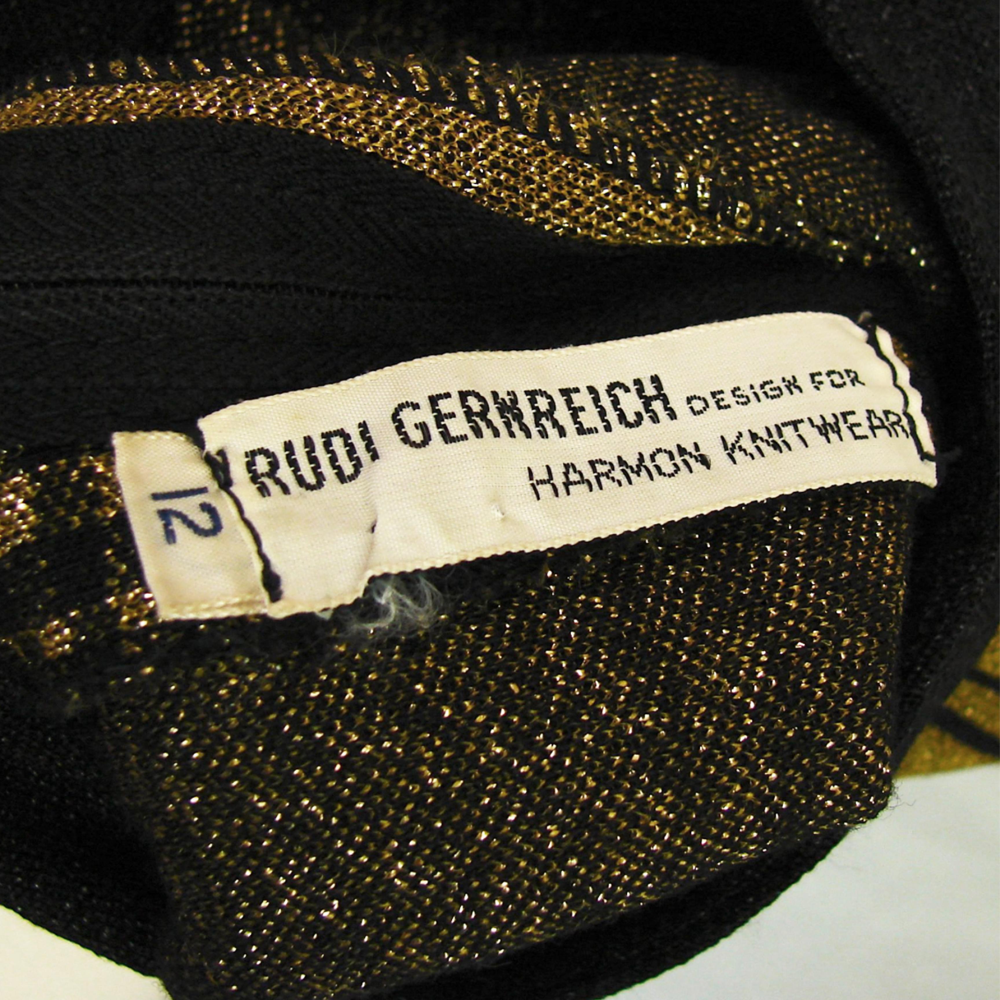 Rudi Gernreich 3pc Set Top Skirt and Sash Belt Black Gold Metallic Knit Suit 70s For Sale 6