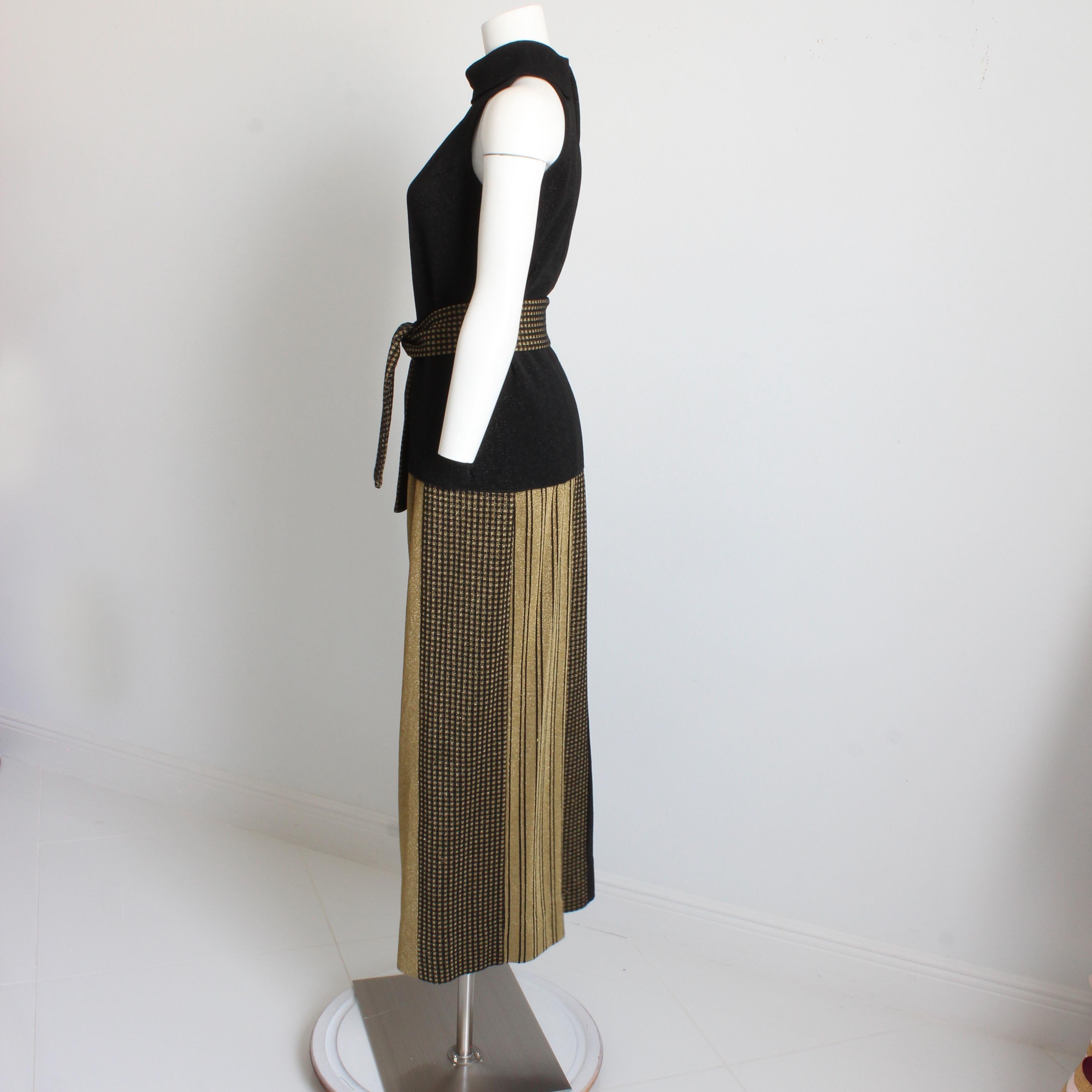 Rudi Gernreich 3pc Set Top Skirt and Sash Belt Black Gold Metallic Knit Suit 70s For Sale 4