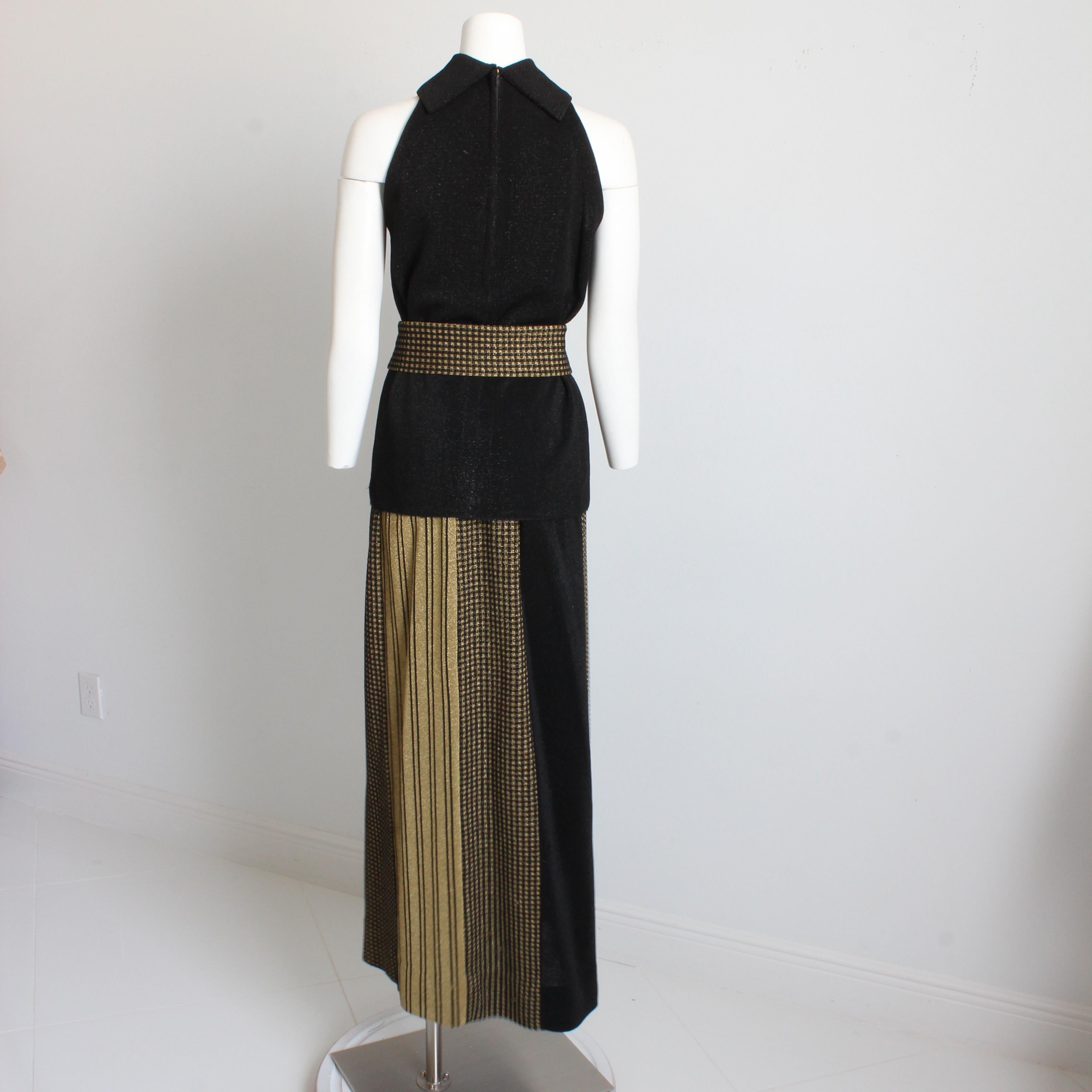 Rudi Gernreich 3pc Set Top Skirt and Sash Belt Black Gold Metallic Knit Suit 70s For Sale 5