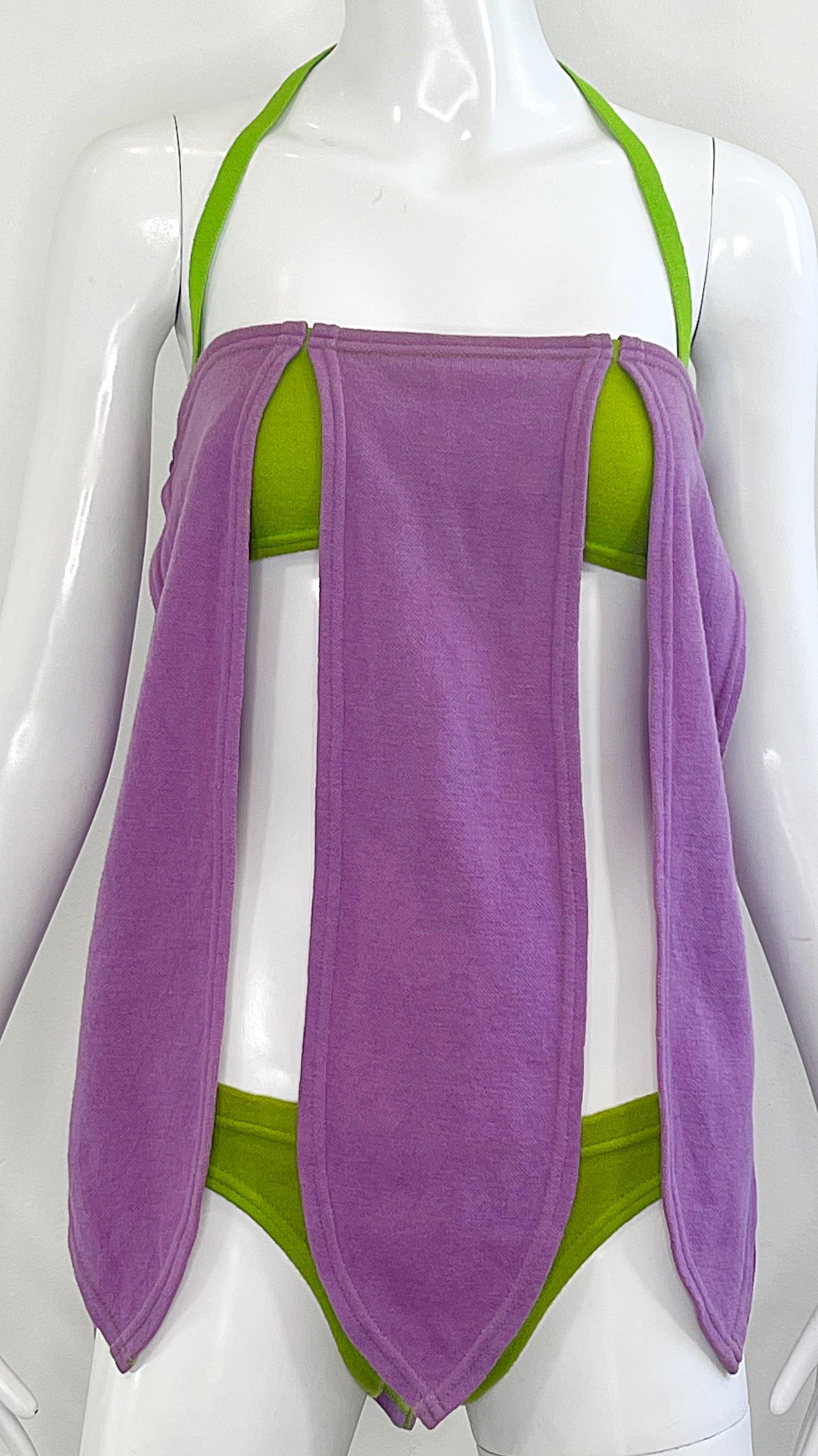 Traje de baño bikini Rudi Gernreich A/W 1968 Carwash Hem Vintage 60s Lana morada en venta 11