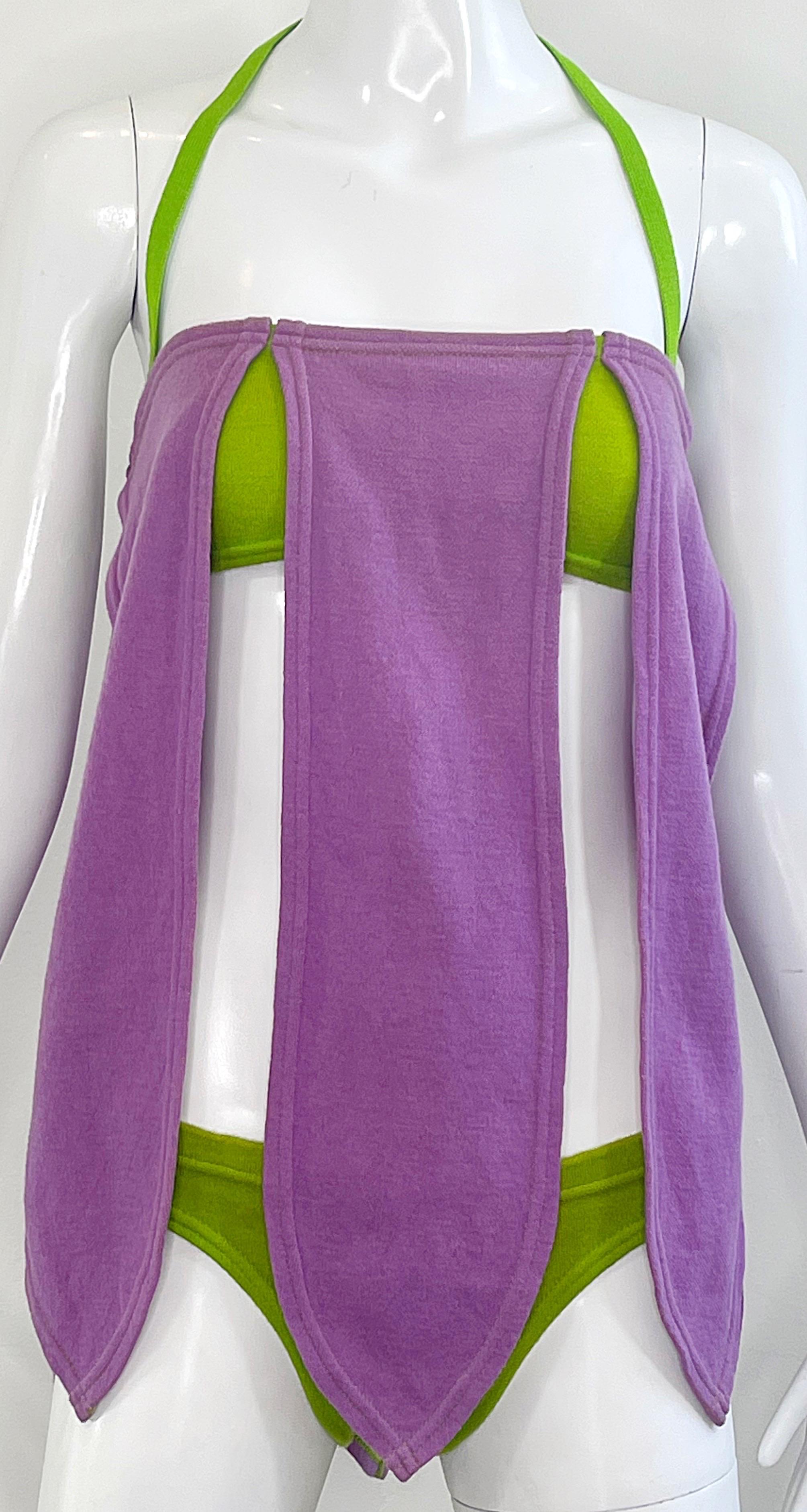 Traje de baño bikini Rudi Gernreich A/W 1968 Carwash Hem Vintage 60s Lana morada en venta 3