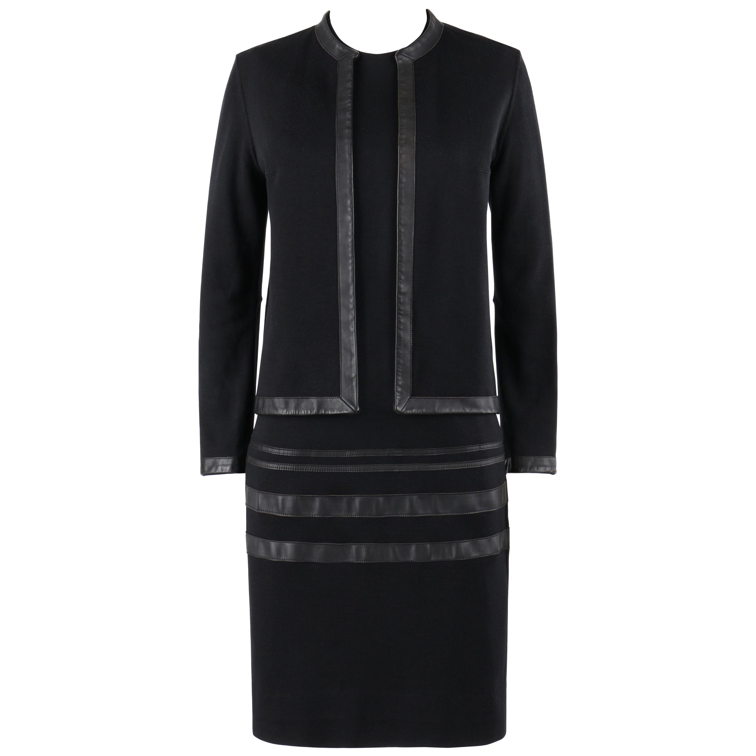 RUDI GERNREICH c.1960s 2 Pc Wool Knit & Leather Open Jacket Shift Dress Suit Set