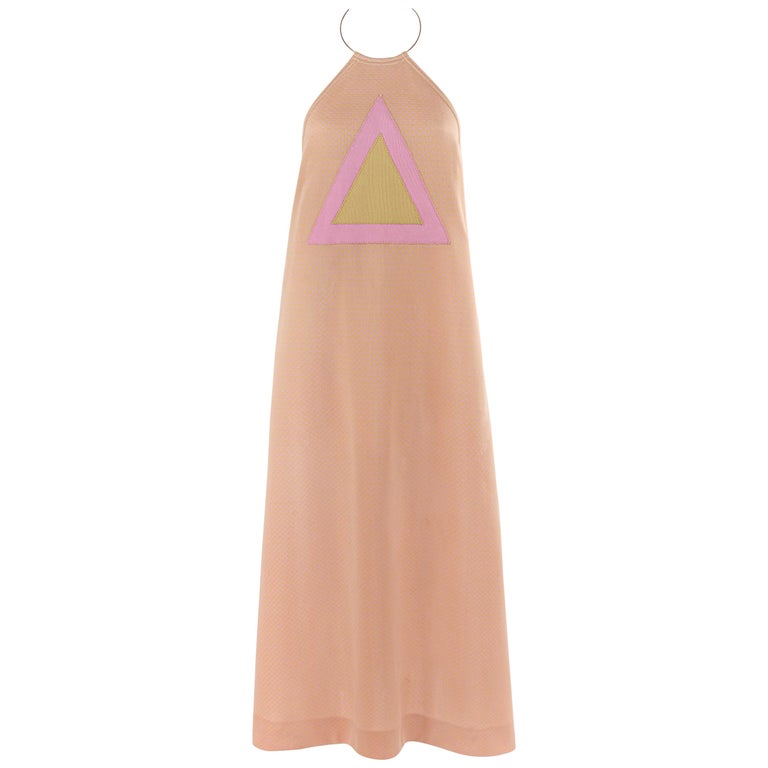 RUDI GERNREICH c.1970 Pink Yellow Triangle Knit Choker Necklace Halter Top Dress For Sale at 1stDibs | necklace halter dress, necklace for halter neck dress, triangle halter dress RUDI GERNREICH c.1970 Pink Yellow Triangle Knit Choker Necklace Halter Top Dress For Sale at 1stDibs | necklace halter dress, necklace for halter neck dress, triangle halter dress