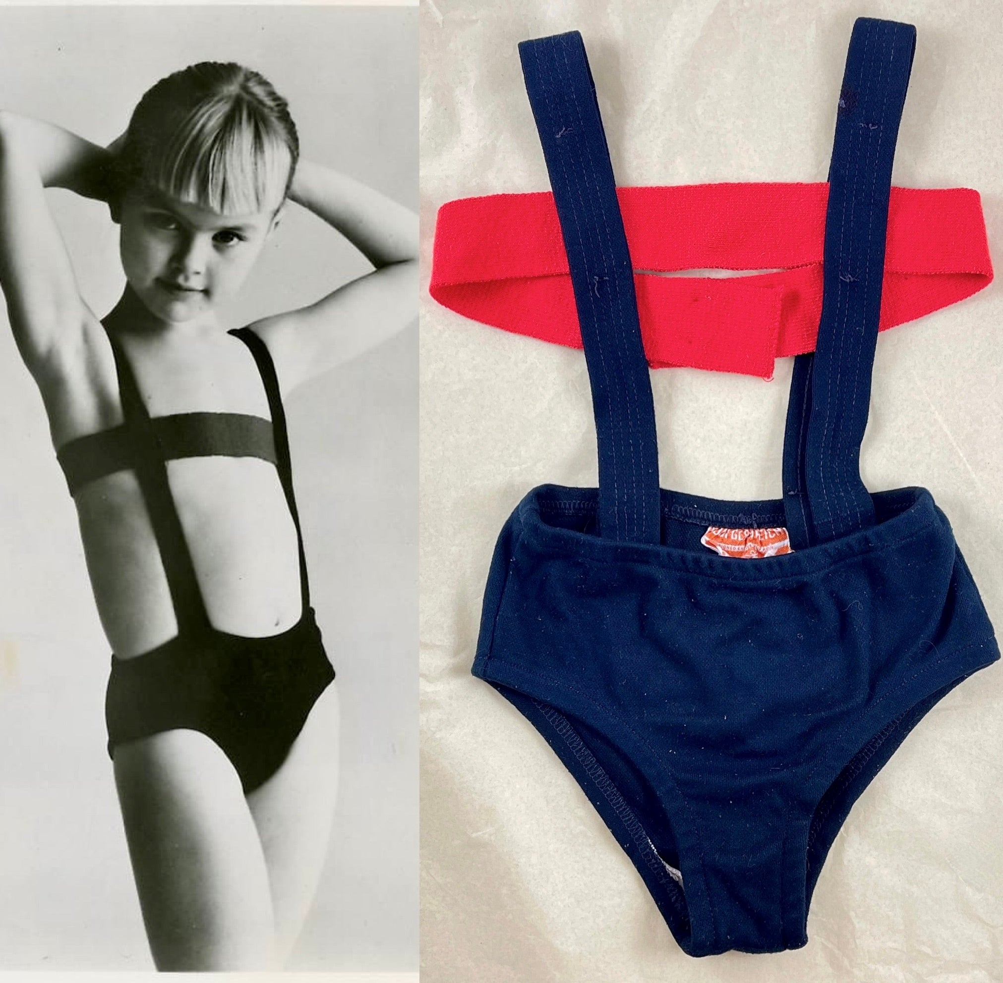 An original girls sized 6X monokini with a bandeau top bathing suit designed by Rudi Gernreich, circa 1964. 

Rudi Gernreich was an American Designer born in Austria, Vienna in 1922 and died in Los Angeles in 1985.

Gernreich's topless bathing suit