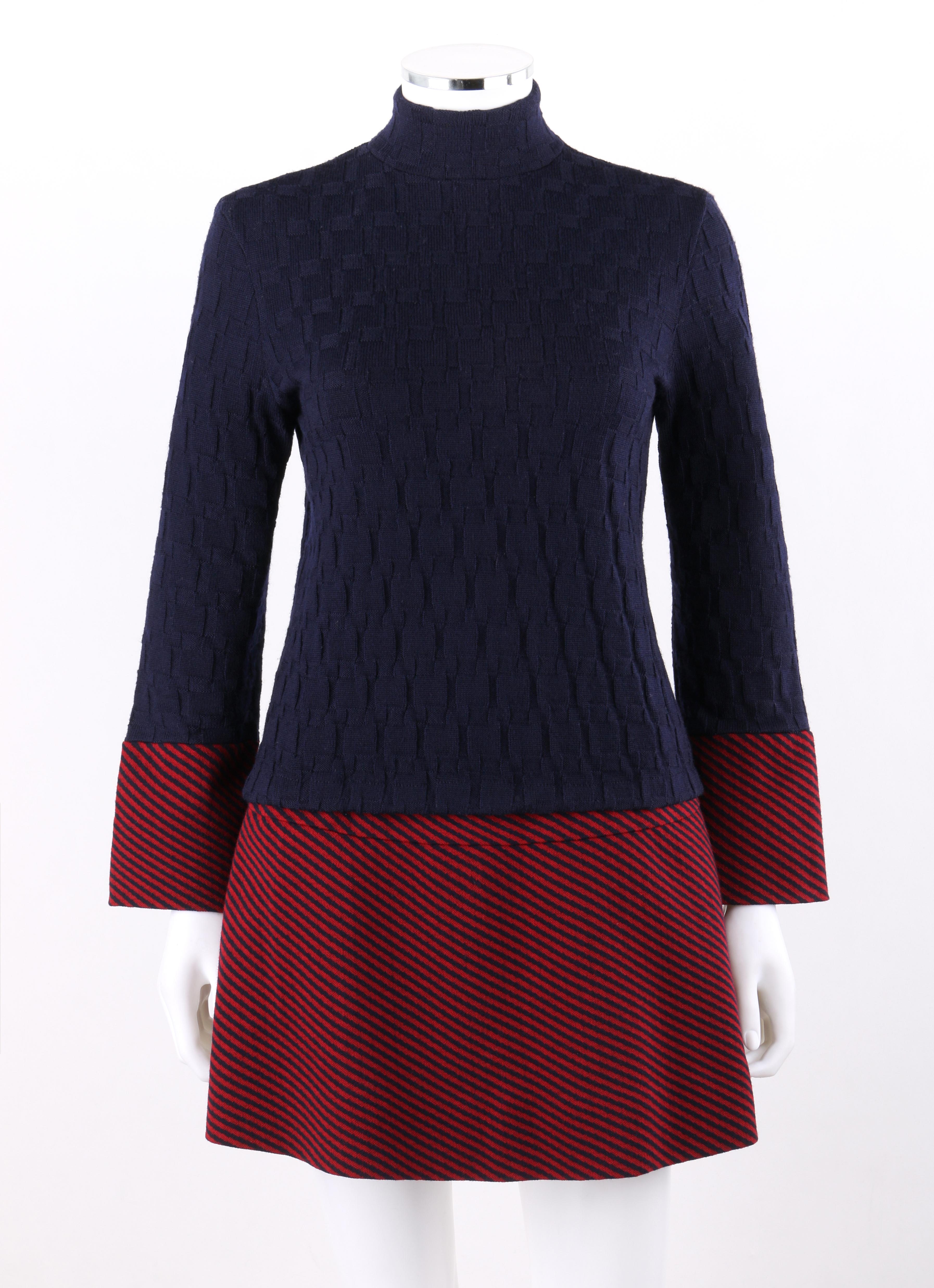 RUDI GERNREICH Harmon Knitwear c.1960's 2pc Raised Knit Solid / Stripe Sweater Skirt Set
 
Circa: 1960’s
Label(s): Rudi Gernreich for Harmon Knitwear
Designer: Rudi Gernreich
Style: Two-piece sweater & skirt set
Color(s): Shades of dark blue & red