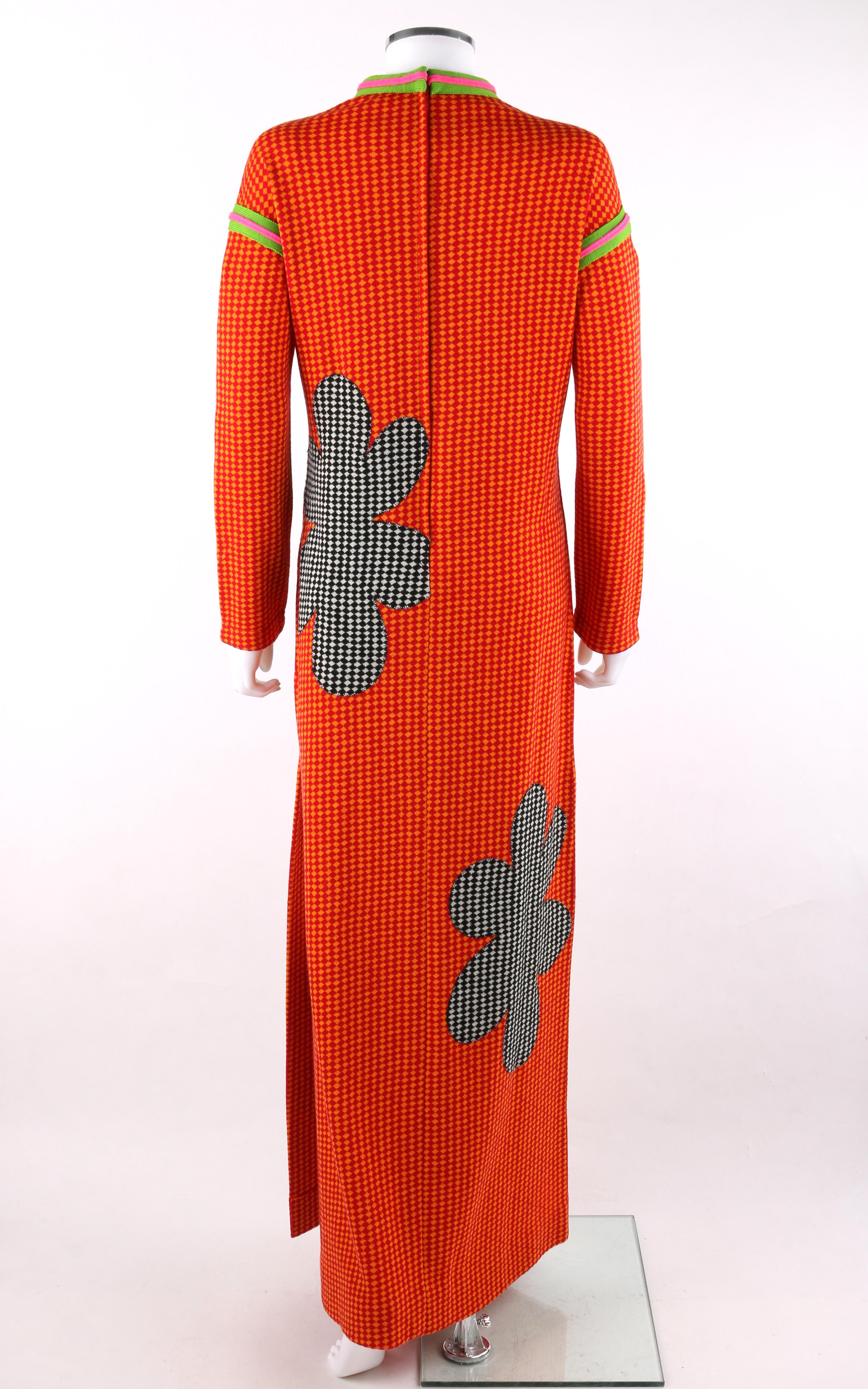 Red RUDI GERNREICH Harmon Knitwear c.1960’s Floral Knit Long Sleeve Maxi Dress