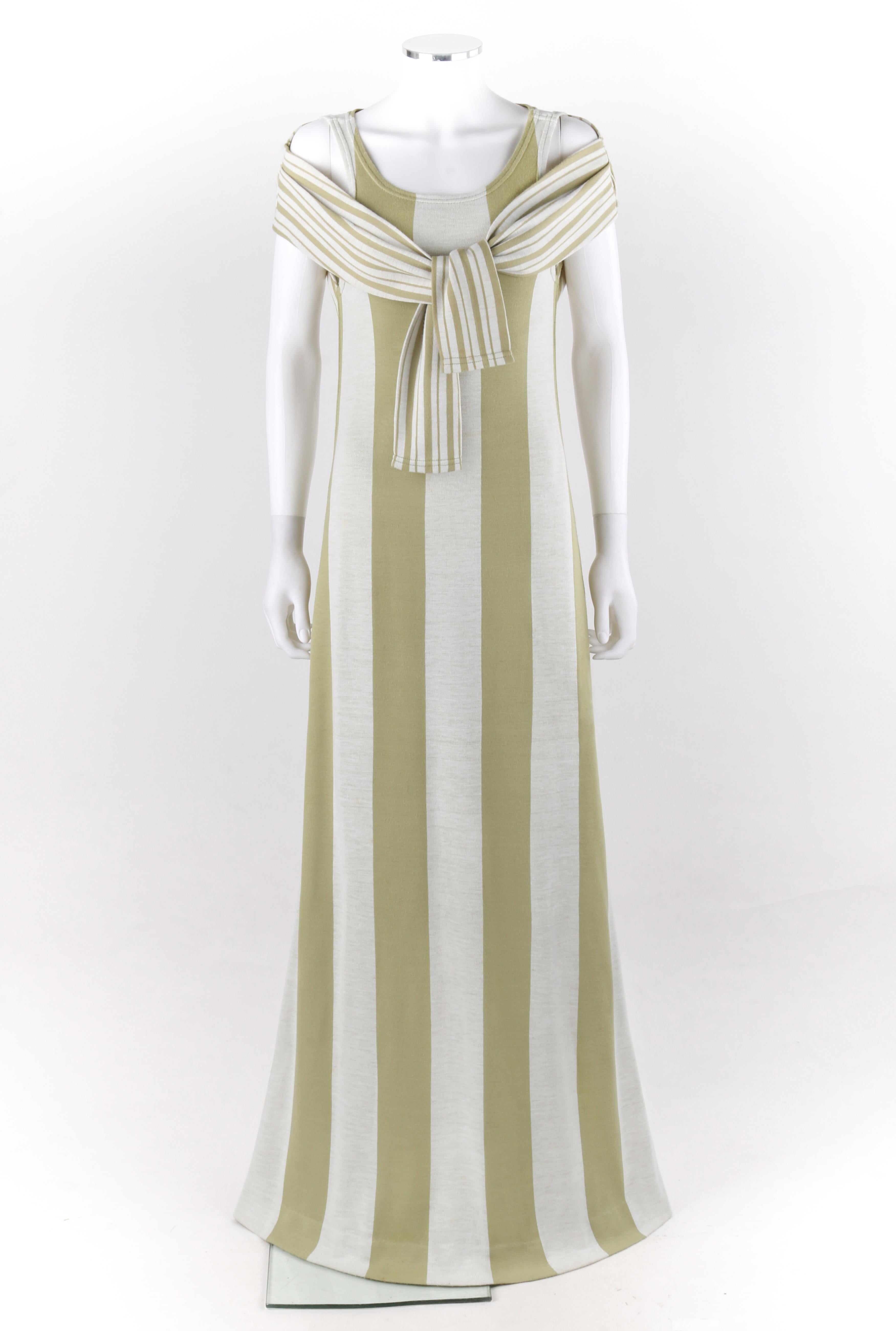 RUDI GERNREICH Harmon Knitwear c.1960’s Striped Trompe l' Oeil Wool Dress Shawl
 
Circa: 1960’s 
Label(s): Rudi Gernreich design for Harmon Knitwear 
Style: Maxi dress and shawl
Color(s): Shades of green and white
Lined: No
Marked Fabric Content: