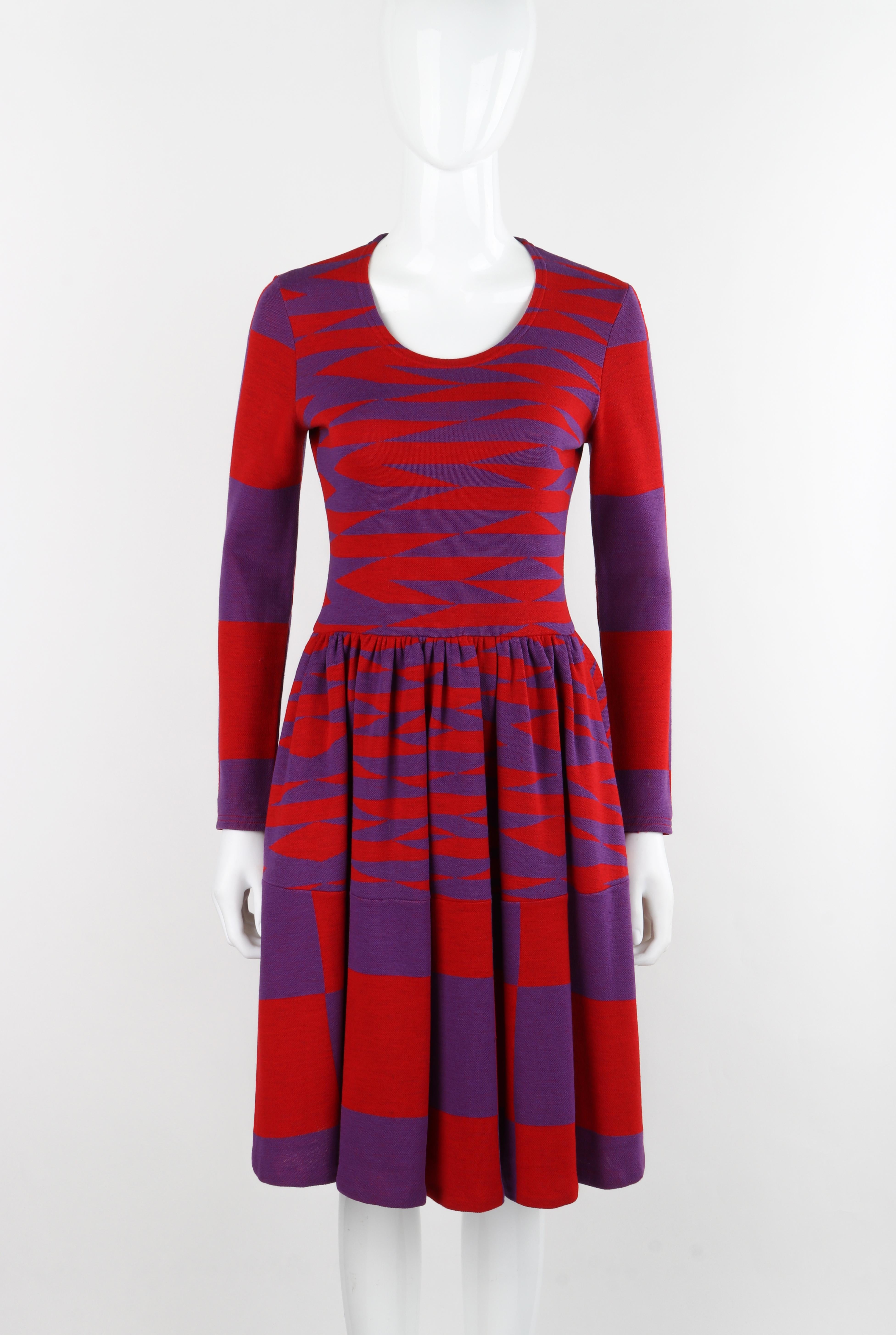 RUDI GERNREICH Harmon Knitwear c.1971 Purple Red Op Art Print Wool Day Dress VTG

Brand / Manufacturer: Rudi Gernreich for Harmon Knitwear
Circa: 1971
Designer: Rudi Gerhreich
Style: Day
Color(s): Red, Purple
Lined: No
Marked Fabric: 100%